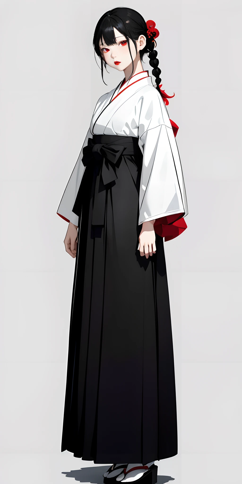 top-quality、masterpiece、1 girl in、Black background、Black background、Full Body Angle、White and black hakama、Hakama、Standing、black backgrounds、white hair:1.5、Red Eyes、red-lips、white clothes、Black and white world、Black and white world、light skinned、Side braid