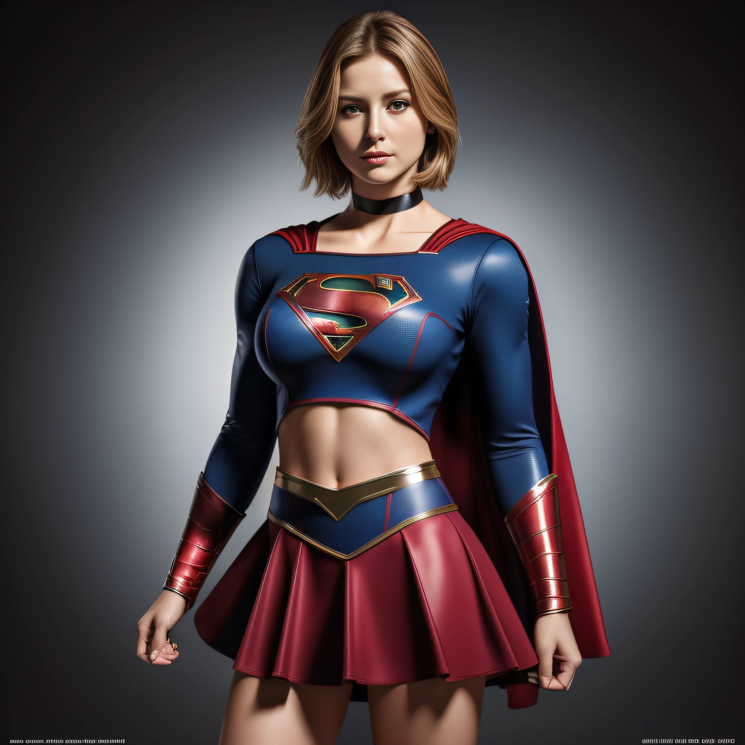 (best quality,4k,8k,highres,masterpiece:1.2),ultra-detailed,(realistic,photorealistic,photo-realistic:1.37),supergirl with short hair, large breasts, looking at the camera, glossy costume, choker, extremely short miniskirt, magazine cover, powerful pose.