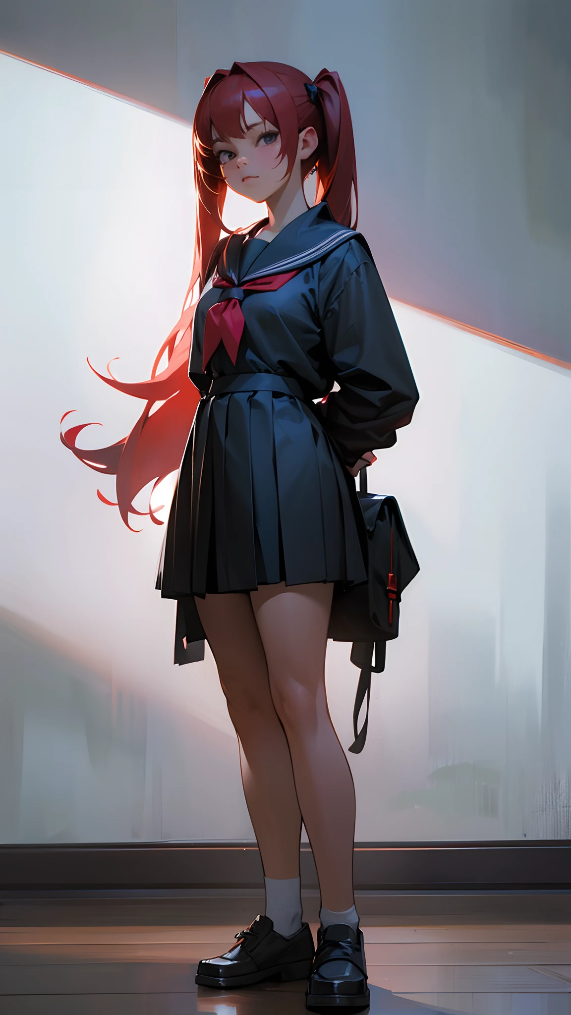 school girl, 18 years old, long pigtails, red hair, Filipino, masterpiece, 8k, UHD, HDR, realistic portriat, sexy, non sensual, excellent details, high resolution, full body shot, hands behind back, front view, looking at viewer, realistic lighting, good shading --auto