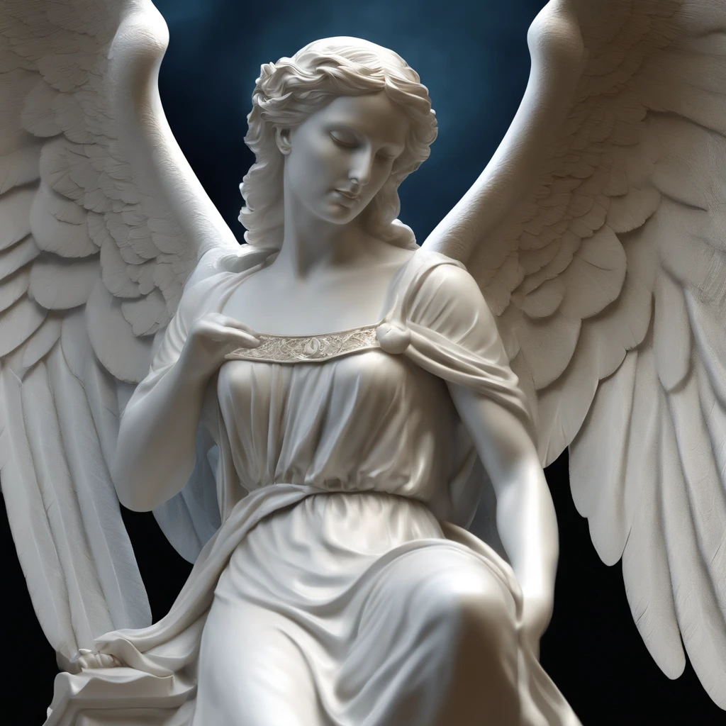 A close-up of a statue of an angel with wings, the angel of death, Angel of Death, Renderizado del motor irreal + una diosa, Villainess has black angel wings, The Angel of Death with a halo, angel in plastic armor, flowing white robes, Portrait of the Angel of Death, angel knight gothic girl, full - body majestic angel, angel protecting woman, Portada, Aferrarse a la vida, aferrarse a la vida, album art of a song titled Grasp on to Life