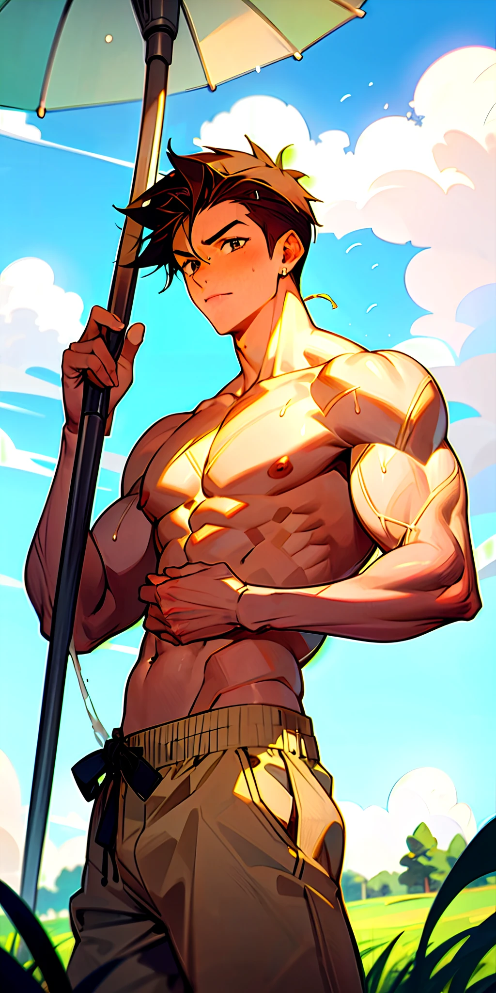 boy, topless, shirtless, cute baby fy, strong thigh muscles and giant tendons, sweating profusely, wearing triangle underwear, underwear bulging due to his genitals genitals, white underwear, hands behind back (photo angle from bottom up)