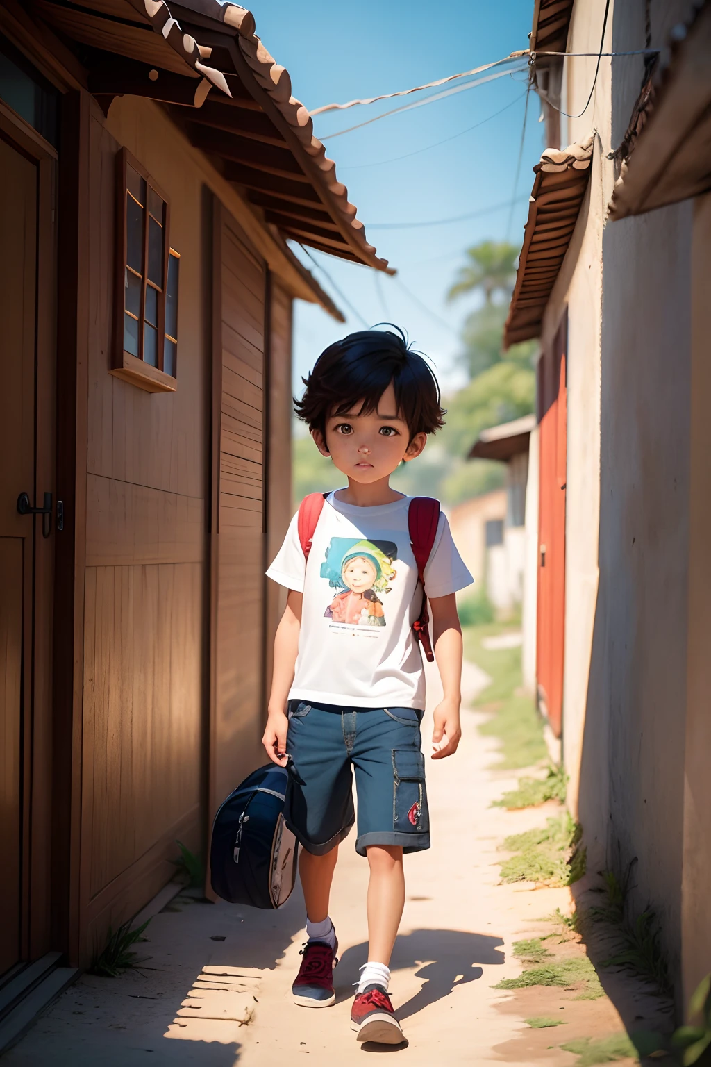 pequeno explorador , varias poses e expressoes  em fundo branco, children's book illustration style, simples fofo, cabelo castanho, camisa manga longa branca com as mangas vermelhas usando short de explorador e uma mochila