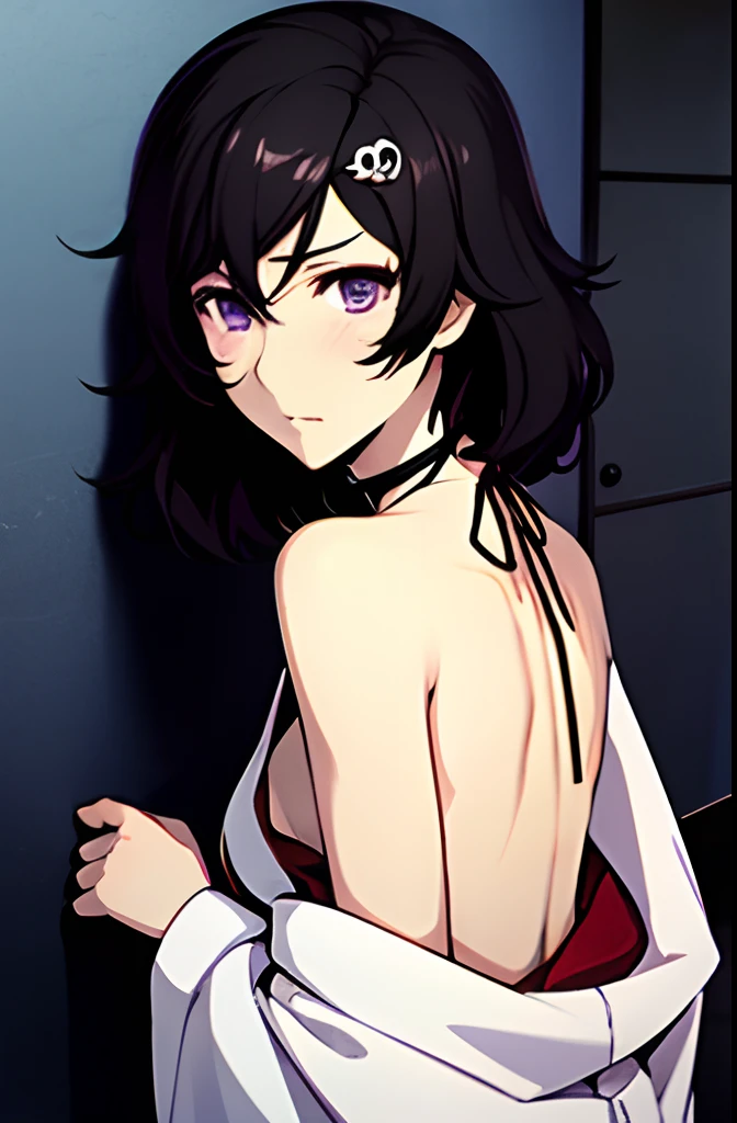 1boy, bare_back, bare_shoulders, black_hair, blush, cait_aron, choker, commentary, dark_room, dutch_angle, from_behind, hair_ornament, hairclip, highres, japanese_clothes, looking_back, male_focus, off_shoulder, open_mouth, otoko_no_ko, photoshop_(medium), purple_eyes, skull_hair_ornament, sliding_doors, solo, steins;gate, sweat, urushibara_ruka