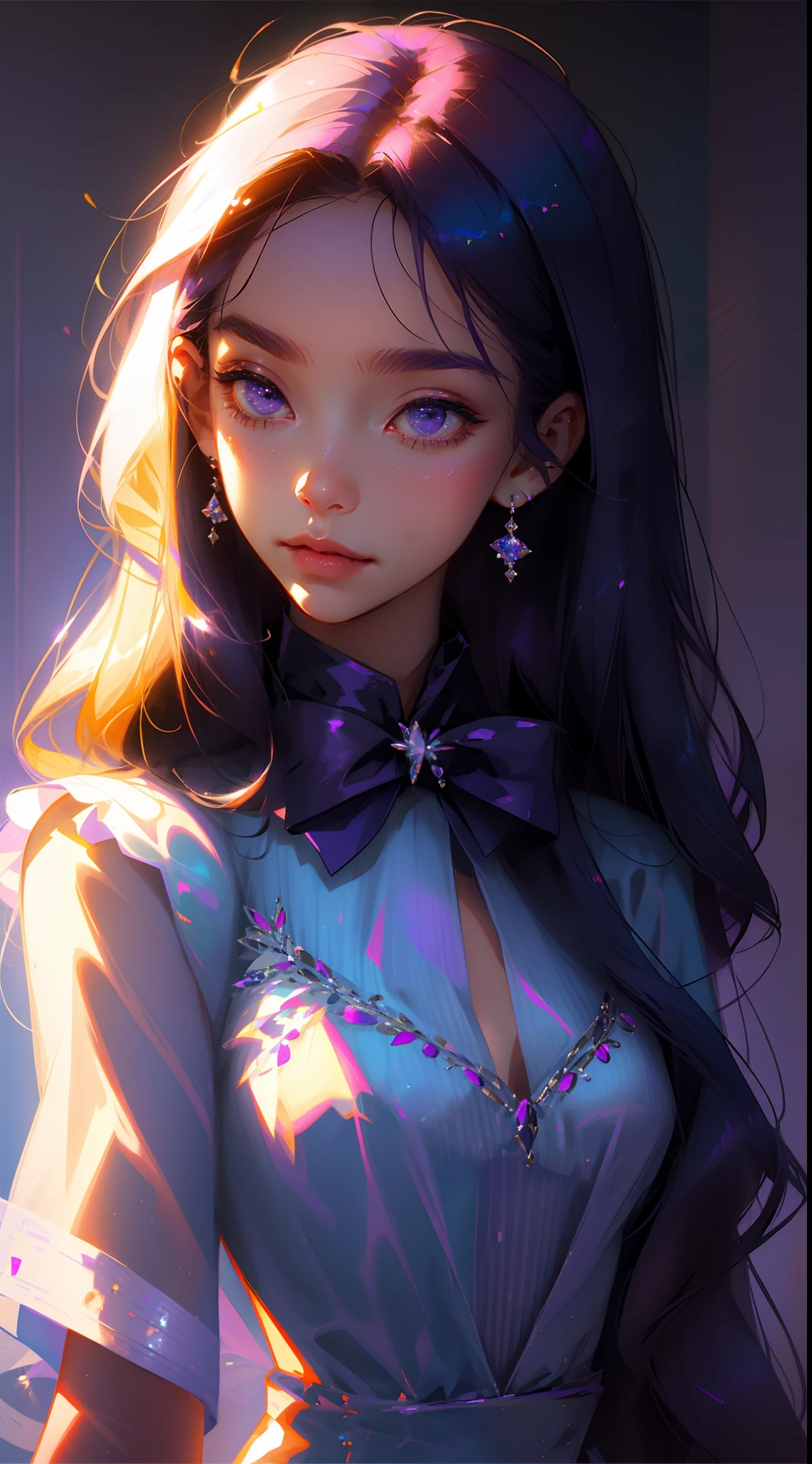 Long white hair with a little purple at the end,Lilac eyes as well as a smile,Dressed in a purple and pink evening dress,A dark purple bow is tied on the part of the bow tie,s girl,Lovely looks,k hd,high detal,high qulity,Good atmosphere,delicated,cg render,detail render,(half-body portrait)(Delicate facial portrayal)(Fine hair portrayal)(highest quality)(Master masterpieces)(High degree of completion)(a sense of atmosphere)