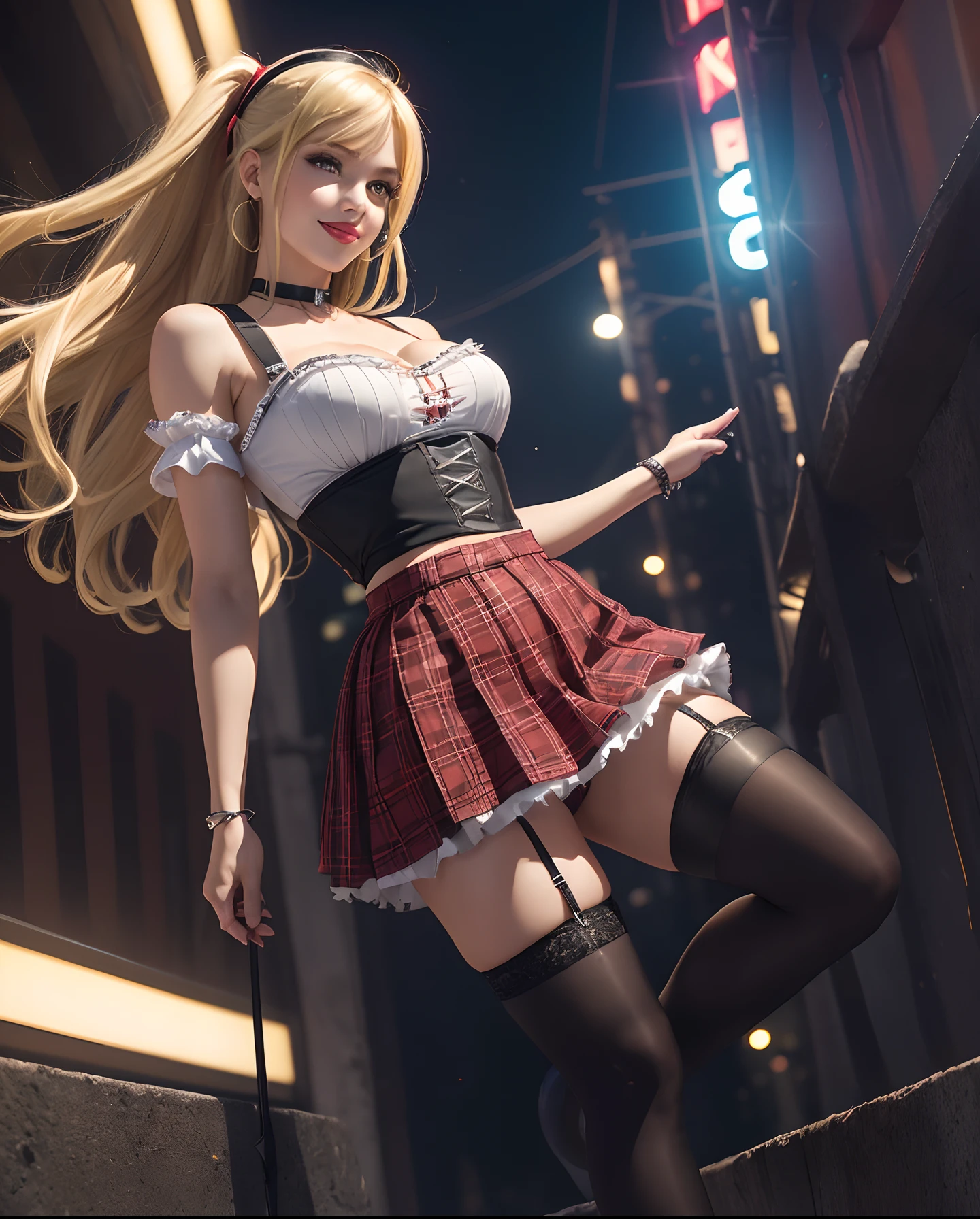 (masterpiece:1.4), (best quality:1.2),(photorealistic:1.4), (extremely intricate:1.2),(sharp focus), RAW, ultra super realistic, (high resolution), 8k UHD, (exquisitely detailed), (dramatic light), (beautiful detailed light), (ultra color), (perfect anatomy), best quality, ultra high definition, (cinematic light), professional lighting, Incredibly detailed, (1girl, 25 year old, austrian beauty, light makeup, glitter eyeliner, red lip gloss solo,(long blonde hair, air bands on hairs), thigh strap, hair ornament, traditional dirndl skirt, black footwear, shoulder cutout, fluffy crop sleeves, clothing cutout, choker, high-waist skirt, blonde hair, frills, hairclip, shirt, (plaid tight super short miniskirt), black choker, black ribbon, jewelry, standing, ribbon, (knee high nylon stocking:1.2), gradient hair, shoes, platform footwear, on night Austria street, ginja , office street,neon lights, night, dark street background, bridge, perfect slim petite body), lustrous skin, (bright smile:1.3,perfect teeth,looking at viewer), large breasts, thigh gap, best proportion,(mid body shot:1.2, from below:1.2), smile as celebrating with friends