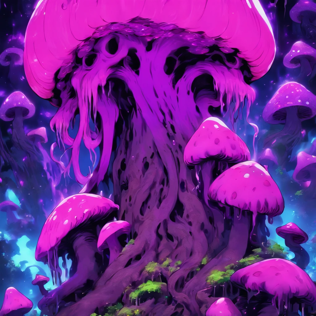 Mind Flayer white-pink and vivid purple, covered in mushrooms with glowing spores, dripping with fungus slime, masterpiece, best quality