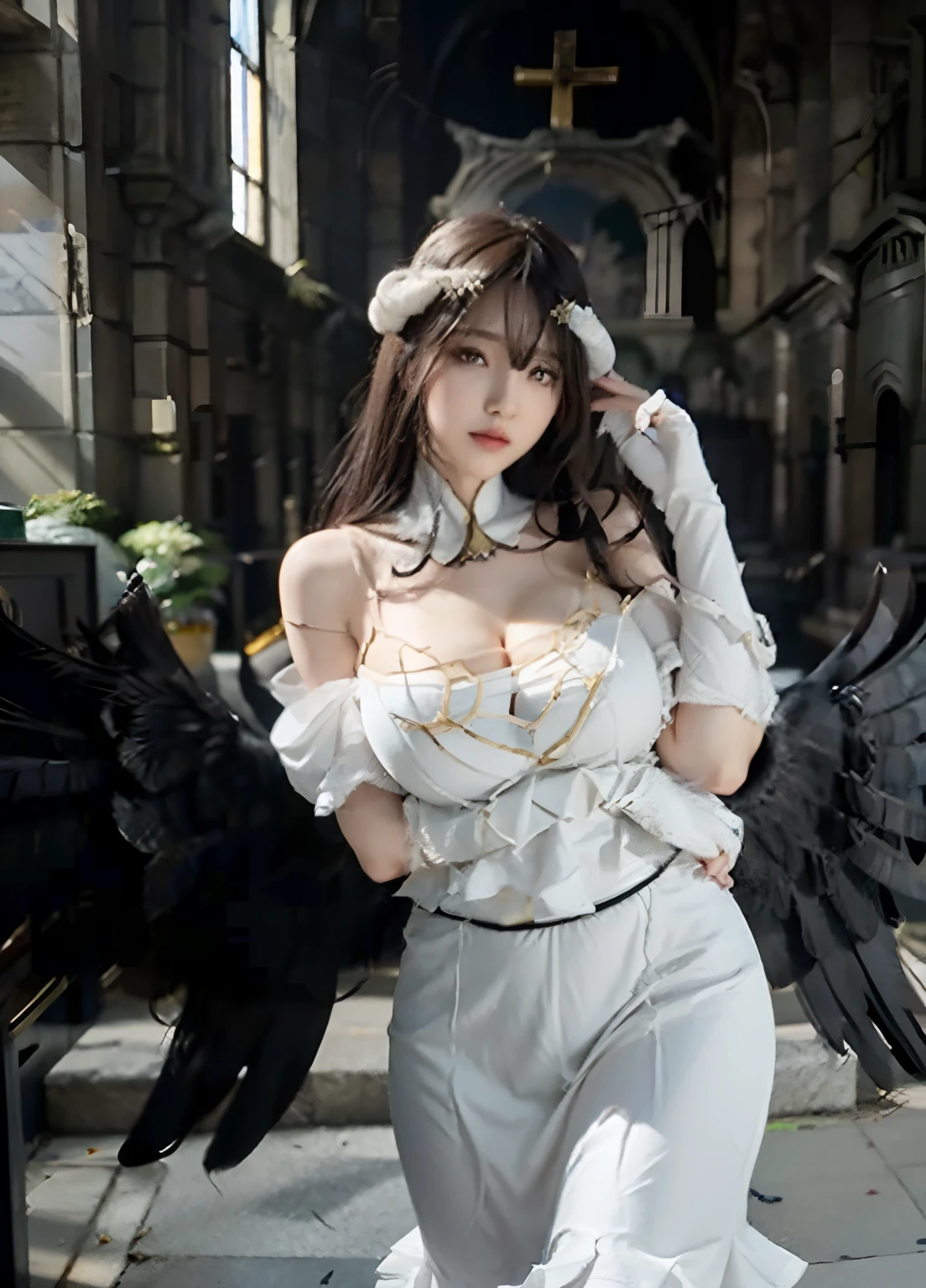 1girl, solo, al1, demon horns, white gloves, white dress, bare shoulders, detached collar, cleavage, slit pupils, black wings, feathered wings, low wings, beautiful background, big breast, (black wings:1.2), (feathered wings:1.2), full body, sit on the floor, erotic pose, erotic smile, (realistic:1.2), (realism:1.2), (masterpiece:1.2), (best quality), (ultra detailed), (intricate), (85mm), light particles, lighting, (highly detailed:1.2), (detailed face:1.2), (gradients), sfw, colorful, (detailed eyes:1.2), (detailed background), (rule of third_composition:1.3), (Line of action:1.2), daylight.