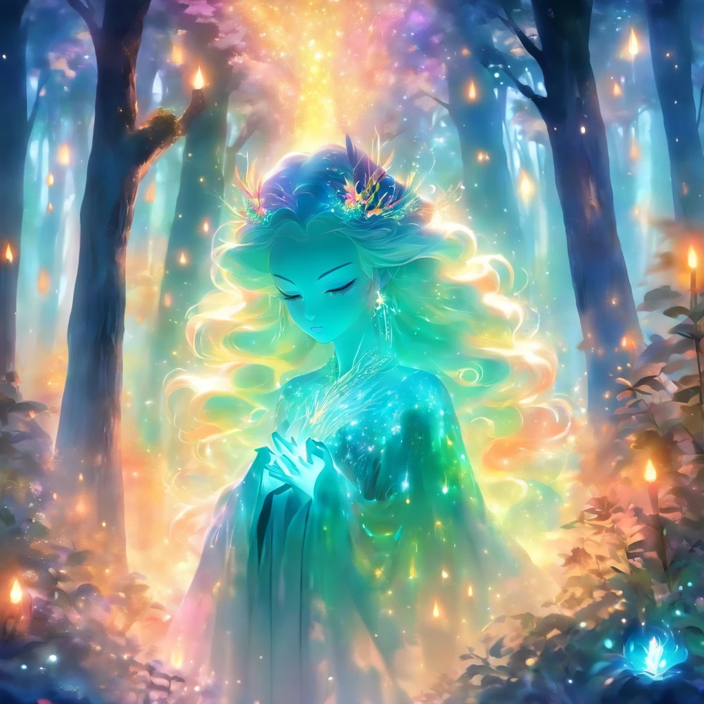 (best quality,highres,ultra-detailed),female with glowing teal eyes,rainbow colored hair,casting glowing spells,mystical forest,witch,goddess,medium:oil painting,beautiful detailed lips,dark and mysterious atmosphere,flowing gown,ethereal light,sorcery and magic,soothing calmness,inspiration from fantasy novels and mythology,enchanted creatures,peaceful and serene background,dream-like setting,vibrant colors and rich textures,creation surrounded by nature,whimsical and mystical elements,harmonious and enchanting ambiance,luminous glow of the spells,graceful and powerful posture,alluring and captivating aura,eyes shining with ancient wisdom,transformation and metamorphosis,unveiling the hidden mysteries of the forest,otherworldly energy and power,feminine strength and elegance,dark and vibrant color palette,soft and delicate brush strokes,exquisite attention to detail,revealing the power of nature and its delicate balance,awakening the mystical connection between humans and the natural world,bringing forth the hidden beauty and secrets of the forest,transcending reality and entering a realm of enchantment and wonder.
