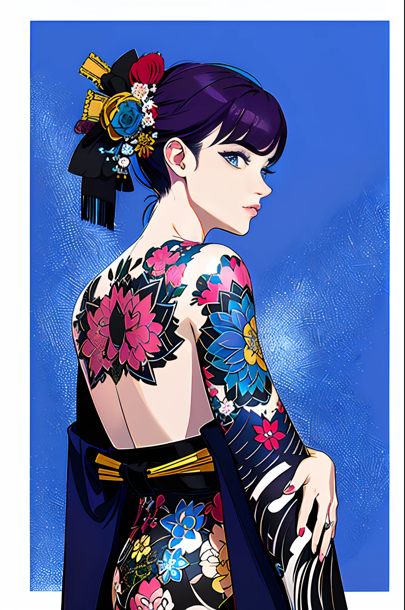 (obra-prima, qualidade superior, melhor qualidade, arte oficial, beautiful and aesthetic: 1.2), 1menina, tatuagem, solo, roupas japonesas, ornamento de cabelo, desembainhamento, cabelo preto, bainha, tatuagem nas costas, olhos azuis, fora do ombro, ombros nus, looking behind, from behind, flor, olhando para o espectador, segurando, maquiagem,
Interior tattoo of Hannya with flowers and sea waves