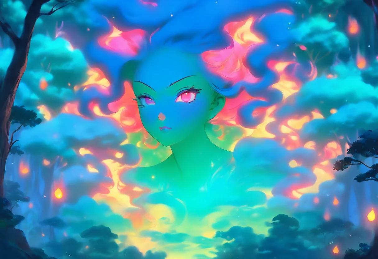 (best quality,highres,ultra-detailed),female with glowing teal eyes,rainbow colored hair,casting glowing spells,mystical forest,witch,goddess,medium:oil painting,beautiful detailed lips,dark and mysterious atmosphere,flowing gown,ethereal light,sorcery and magic,soothing calmness,inspiration from fantasy novels and mythology,enchanted creatures,peaceful and serene background,dream-like setting,vibrant colors and rich textures,creation surrounded by nature,whimsical and mystical elements,harmonious and enchanting ambiance,luminous glow of the spells,graceful and powerful posture,alluring and captivating aura,eyes shining with ancient wisdom,transformation and metamorphosis,unveiling the hidden mysteries of the forest,otherworldly energy and power,feminine strength and elegance,dark and vibrant color palette,soft and delicate brush strokes,exquisite attention to detail,revealing the power of nature and its delicate balance,awakening the mystical connection between humans and the natural world,bringing forth the hidden beauty and secrets of the forest,transcending reality and entering a realm of enchantment and wonder.