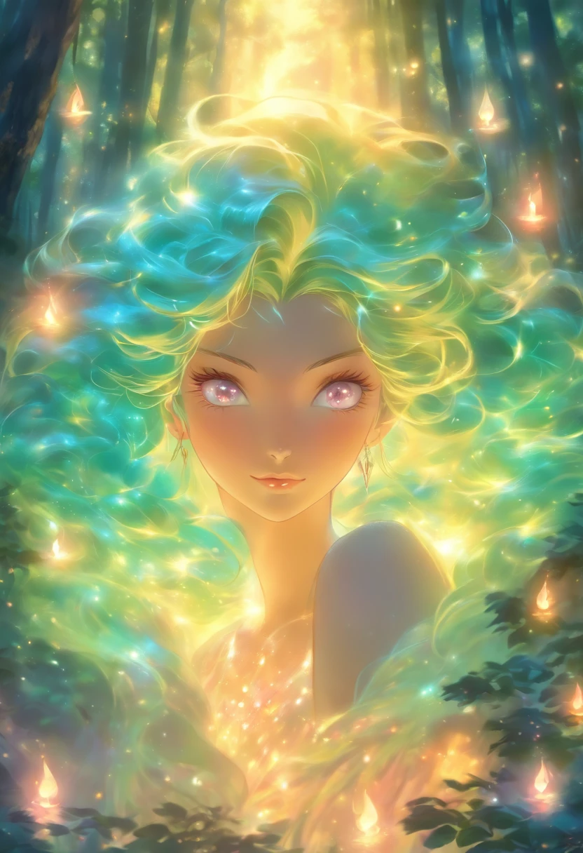 (best quality,highres,ultra-detailed),female with glowing teal eyes,rainbow colored hair,casting glowing spells,mystical forest,witch,goddess,medium:oil painting,beautiful detailed lips,dark and mysterious atmosphere,flowing gown,ethereal light,sorcery and magic,soothing calmness,inspiration from fantasy novels and mythology,enchanted creatures,peaceful and serene background,dream-like setting,vibrant colors and rich textures,creation surrounded by nature,whimsical and mystical elements,harmonious and enchanting ambiance,luminous glow of the spells,graceful and powerful posture,alluring and captivating aura,eyes shining with ancient wisdom,transformation and metamorphosis,unveiling the hidden mysteries of the forest,otherworldly energy and power,feminine strength and elegance,dark and vibrant color palette,soft and delicate brush strokes,exquisite attention to detail,revealing the power of nature and its delicate balance,awakening the mystical connection between humans and the natural world,bringing forth the hidden beauty and secrets of the forest,transcending reality and entering a realm of enchantment and wonder.