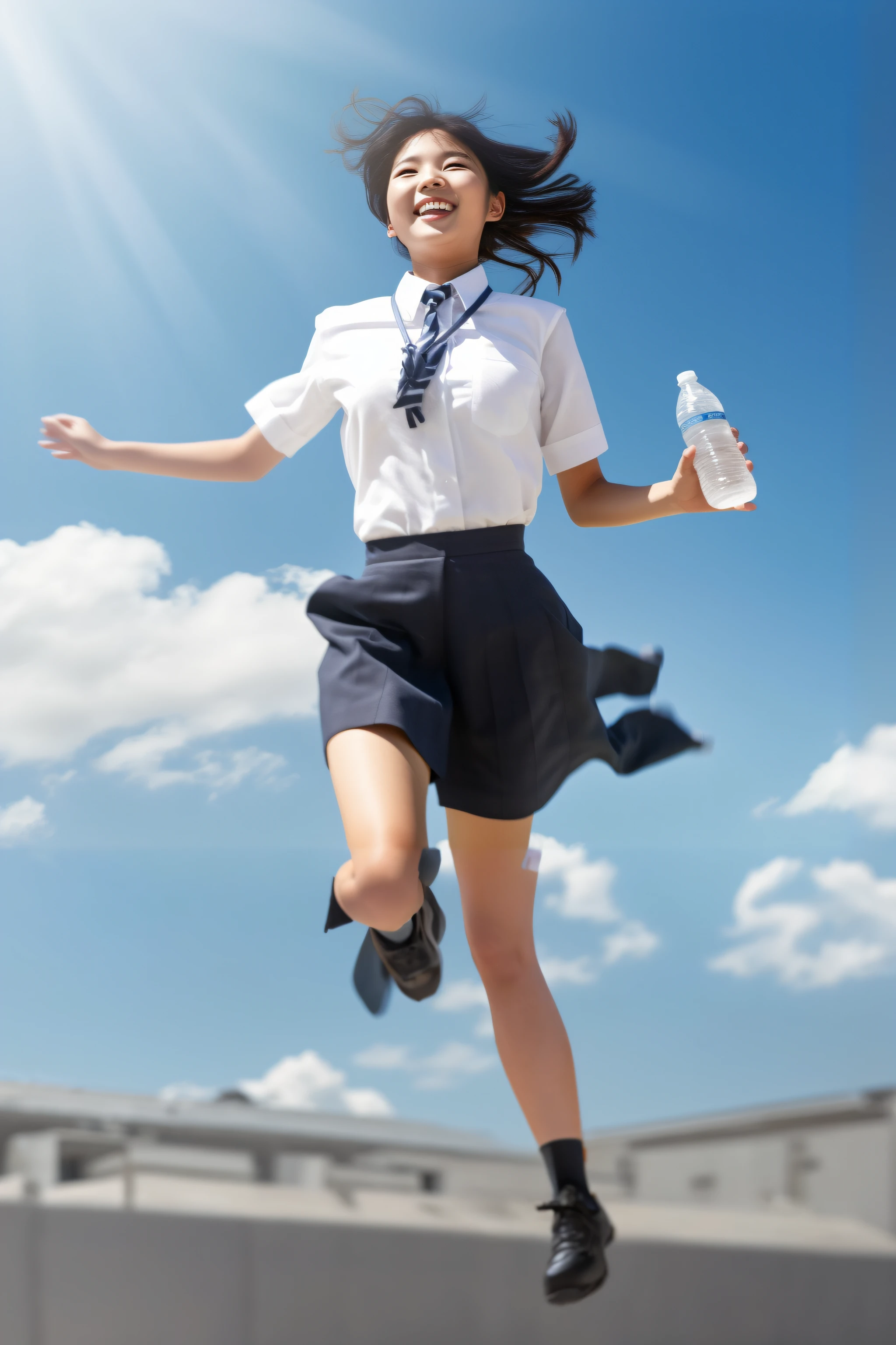 Woman in skirt and tie holding a bottle of water, girl running, the anime girl is running, girl is running, wearing a Japanese school uniform, Japanese school uniform, girl in uniform, japanese girl school uniform, Correr libremente, On a sunny day, seifuku, teenage female schoolgirl, Sunny sky, Sunny environment, um dia ensolarado, of a youthful japanese girl