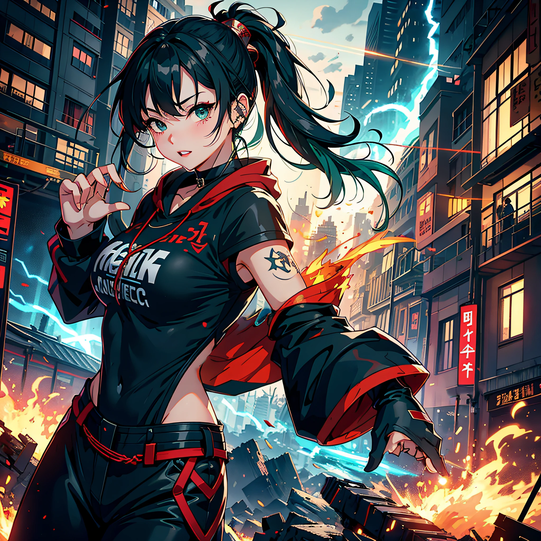 (top-quality、hight resolution、8k、​masterpiece:1.2)。Curvaceous but slender、Muchimuchi Body、Grinning Female Wizard、Destroying buildings in a futuristic cyber city。Featuring double teeth, she wields magical powers.。With magic emitted from the right hand、Buildings and roads、Bolides、Next Bridge々and have collapsed、Scattered with burning debris。Rubble and pebbles float up、Covers her whole body。Although its power is overwhelming、At the same time it is in harmony with beauty。Depict the moment she is destroying a cyberpunk building with magic。Half-taken off hoodie、accessorized、mole、Eyebrows、double tooth、canine teeth、poneyTail、Muscular nose、Clear and detailed gray eyes、Green hair、red blush、The long-haired、a choker、Fleshy lips、Physical beauty、well-muscled、Raise bangs in a headband、Oforehead、Mysterious fashion、Street Fashion、Anime style、animesque、Site after the earthquake、Oversized trousers、unreal、Depiction in motion、Black and yellow fashion、Vandalism、Decaying buildings、the fire、Fire incident、tornado、Must-win poses、Backgrounds with depth、Equipped with a Japan sword on the back、Equipped with a Japan sword on his right hip like a samurai、Flame Magic、Wizard Equipment、Light equipment、a necklace、Bracelets、Misanga、arm band、Tattoo on the shoulder、espadrilles、thunder、Roaring thunder、lightning bolt、tornado、colorful backdrop、Thunder in the hand、Light and Wall Co-star、Little green-eyed black cat supporting magic attack overhead