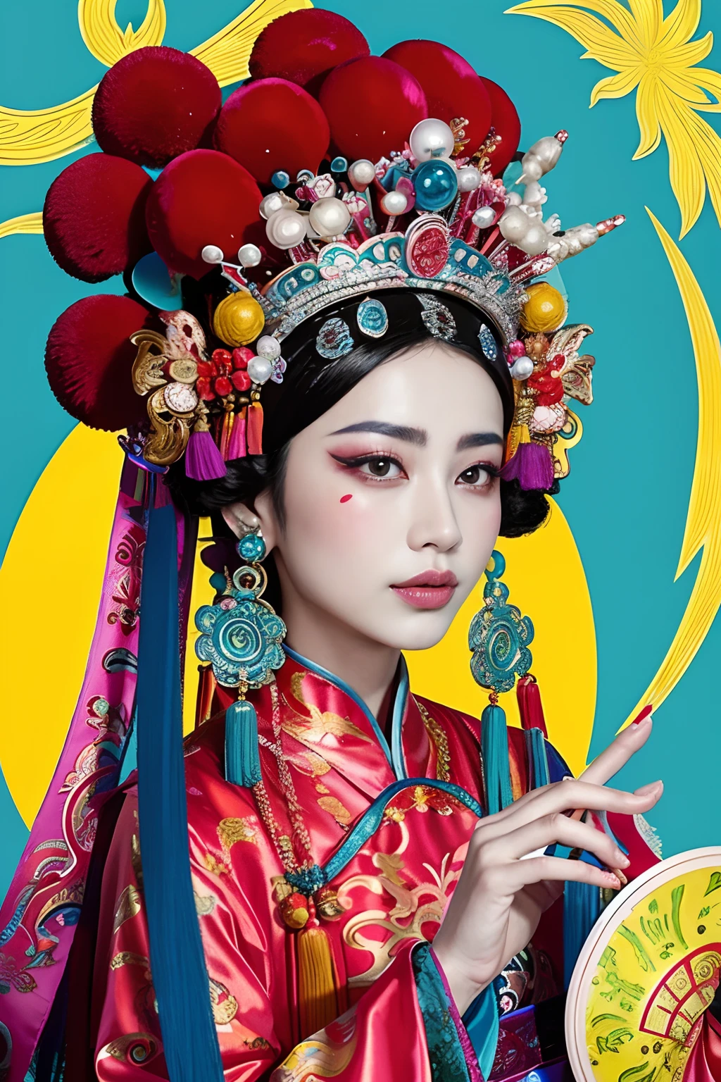 Woman in traditional Chinese clothing，Phoenix crown，Chinese Ghost Festival，（tmasterpiece，top Quority，best qualtiy，offcial art，Beauty and aesthetics：1.2），（1girll：1.3），The is very detailed，（s fractal art：1.1），Most detailed，（ zentangle:1.2), full bodyesbian, (abstract backgrounds:1.3), (Shiny skin), (many color:1.4), ,(Earrings), (feater:1.5), inspired by Xie Huan, beijing opera, inspired by Chen Rong, flower mask, inspired by Wang Ximeng, inspired by Liu Jun, ruan jian, geisha mask, inspired by Zhang Wo, inspired by Wu Bin, Chinese art