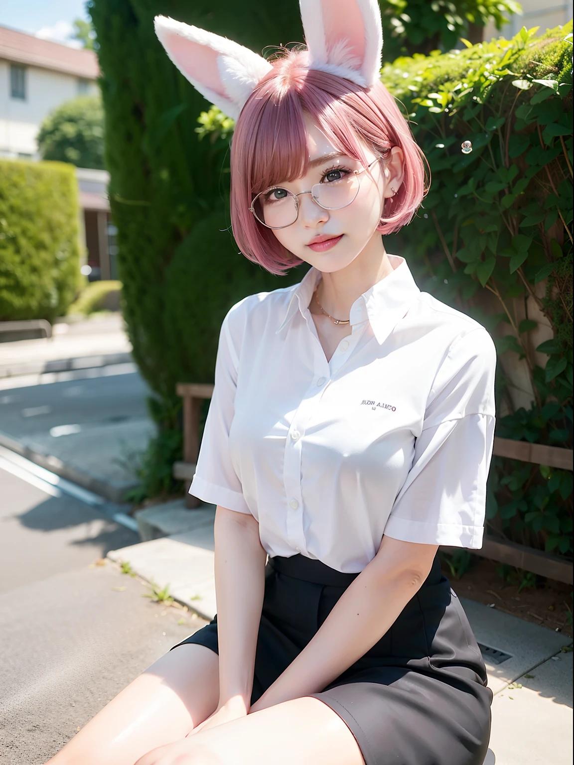 (nude :1.55),(Pink Hair :1.3),(8k、Raw photo、highest quality、masterpiece:1.2)、(Realistic、Photorealistic:1.37)、Ultra-detailed、超A high resolution、1 girl、Seeing the viewer、Beautifully detailed face、A smile with slightly visible teeth、narrow、(Slim waist) :1.3)、((Pastel colored clothes))、Beautifully detailed skin、Skin Texture、Floating Hair、((Long-haired))、Shapely large breasts、Professional Lighting、In front of the station at noon、((Black square glasses))、Human whole body、Black Hair、((Have a small rucksack))、