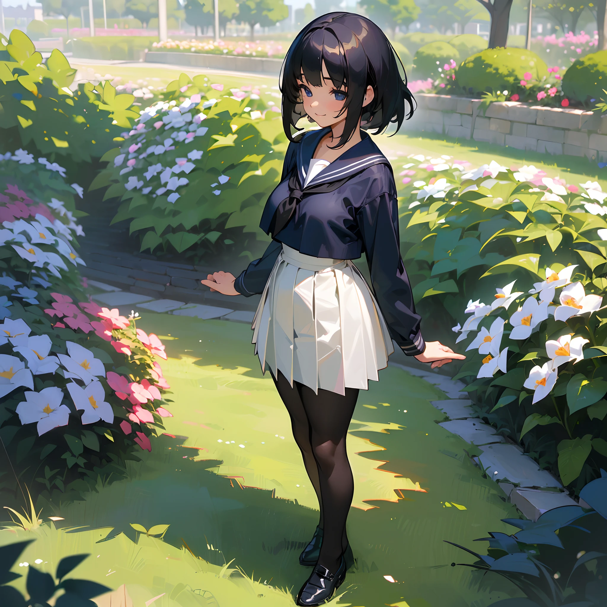(Best Quality, hight resolution, Ultra-detailed, Realistic:1.37), peaceful ambiance, (plein air, garden), Teenage girl standing alone, Beautiful detailed features, Cute smile, ((Black bob hair)), ((Bigchest)),Navy blue sailor suit, Pleated skirt, Black pantyhose,Leather shoes.