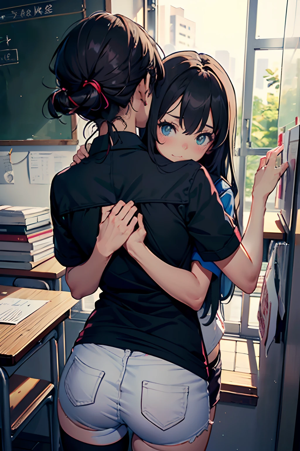 Black Hair、short hair、Short Ponytail、Blushing、Embarrassed、Take off your panties、、School classroom、blackboard