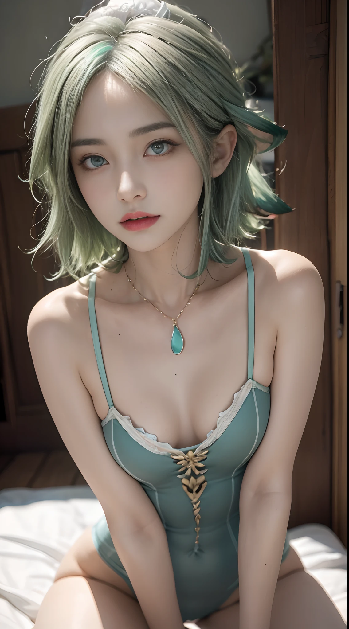 Photorealistic, high resolution, 1 woman, small tits, Beautiful eyes, Short hair, ringed eyes, green hair, jewelry, bodysuit, spread legs