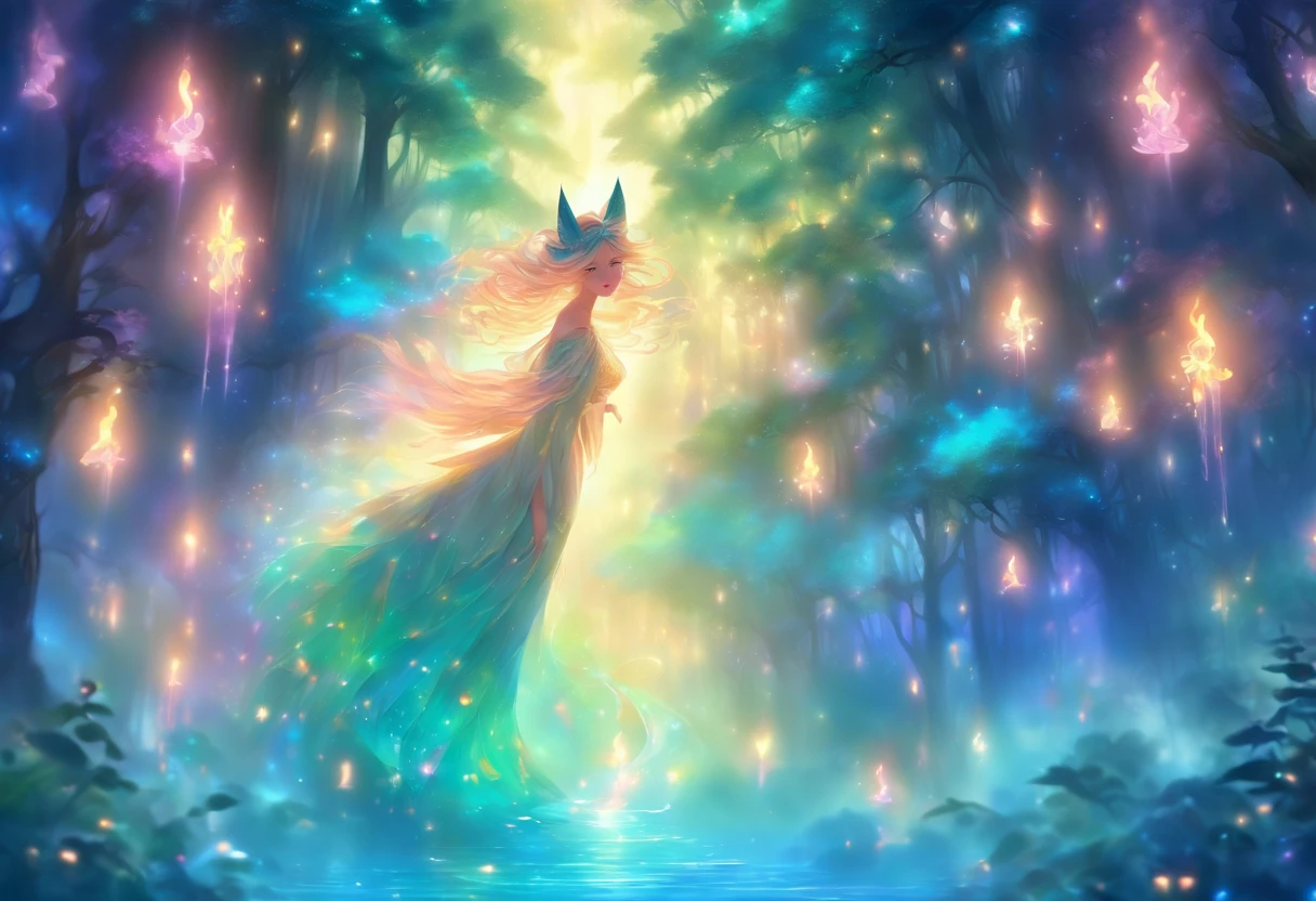 (best quality,highres,ultra-detailed),female with glowing teal eyes,rainbow colored hair,casting glowing spells,mystical forest,witch,goddess,medium:oil painting,beautiful detailed lips,dark and mysterious atmosphere,flowing gown,ethereal light,sorcery and magic,soothing calmness,inspiration from fantasy novels and mythology,enchanted creatures,peaceful and serene background,dream-like setting,vibrant colors and rich textures,creation surrounded by nature,whimsical and mystical elements,harmonious and enchanting ambiance,luminous glow of the spells,graceful and powerful posture,alluring and captivating aura,eyes shining with ancient wisdom,transformation and metamorphosis,unveiling the hidden mysteries of the forest,otherworldly energy and power,feminine strength and elegance,dark and vibrant color palette,soft and delicate brush strokes,exquisite attention to detail,revealing the power of nature and its delicate balance,awakening the mystical connection between humans and the natural world,bringing forth the hidden beauty and secrets of the forest,transcending reality and entering a realm of enchantment and wonder.