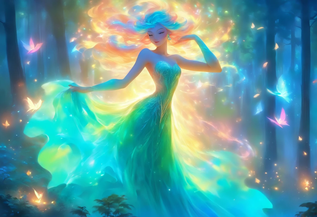(best quality,highres,ultra-detailed),female with glowing teal eyes,rainbow colored hair,casting glowing spells,mystical forest,witch,goddess,medium:oil painting,beautiful detailed lips,dark and mysterious atmosphere,flowing gown,ethereal light,sorcery and magic,soothing calmness,inspiration from fantasy novels and mythology,enchanted creatures,peaceful and serene background,dream-like setting,vibrant colors and rich textures,creation surrounded by nature,whimsical and mystical elements,harmonious and enchanting ambiance,luminous glow of the spells,graceful and powerful posture,alluring and captivating aura,eyes shining with ancient wisdom,transformation and metamorphosis,unveiling the hidden mysteries of the forest,otherworldly energy and power,feminine strength and elegance,dark and vibrant color palette,soft and delicate brush strokes,exquisite attention to detail,revealing the power of nature and its delicate balance,awakening the mystical connection between humans and the natural world,bringing forth the hidden beauty and secrets of the forest,transcending reality and entering a realm of enchantment and wonder.