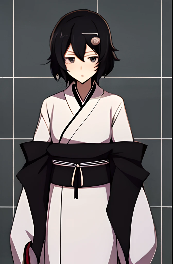 1boy, black_eyes, black_hair, blush, commentary_request, hair_ornament, hairclip, heno51, japanese_clothes, male_focus, miko, open_mouth, otoko_no_ko, own_hands_together, photoshop_(medium), short_hair, skull_hair_ornament, solo, steins;gate, urushibara_ruka