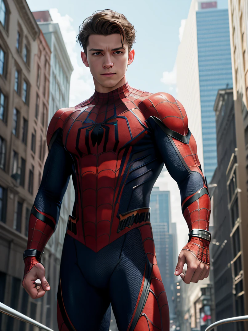 hightquality、hight resolution、​masterpiece、foco nítido、photographrealistic、Raw photography、bustshot、lighting like a movie、Detailed skin texture、Detailed fabric texture、A detailed face、intricate-detail、ultra-detailliert、、1 boy、TomHolland、lean physique、tall、smil、Focus from the chest up、Spider-Man Suit、Brown shorthair like a man、Dynamic action、Look at viewers、the background is a tall building