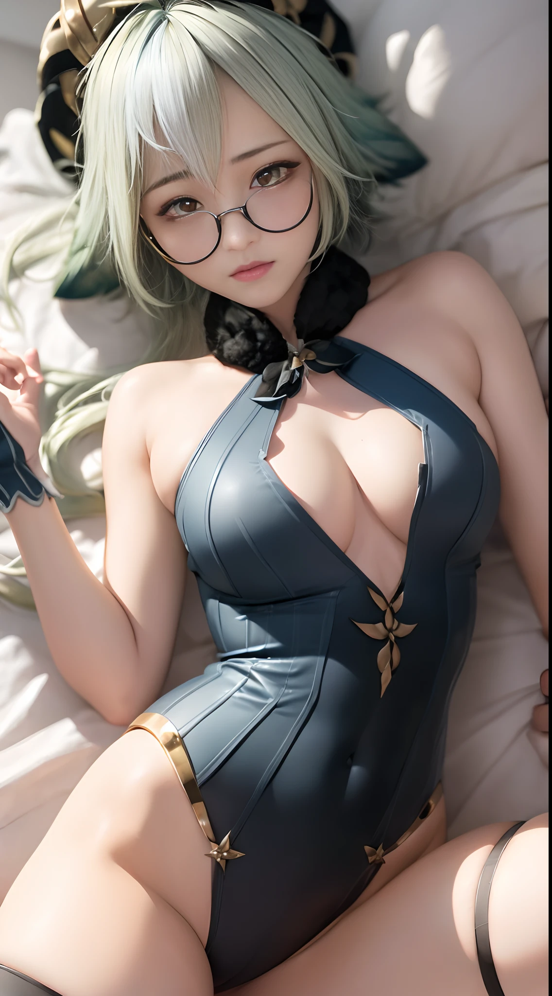 Photorealistic, high resolution, 1 woman, small tits, Beautiful eyes, Short hair, ringed eyes, green hair, jewelry, bodysuit, spread legs