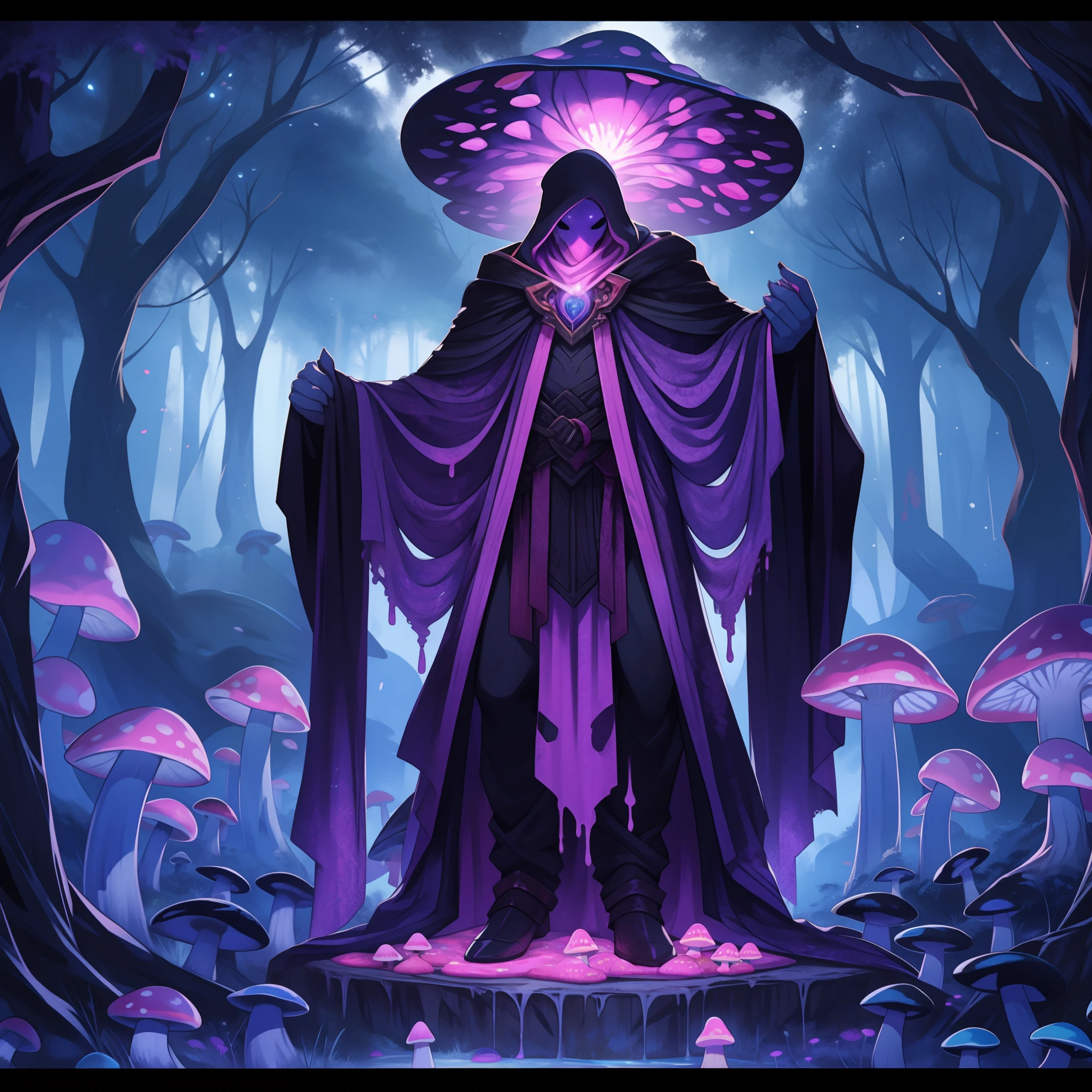 Mind Flayer white-pink and vivid purple, covered in mushrooms with glowing spores, dripping with fungus slime, masterpiece, best quality