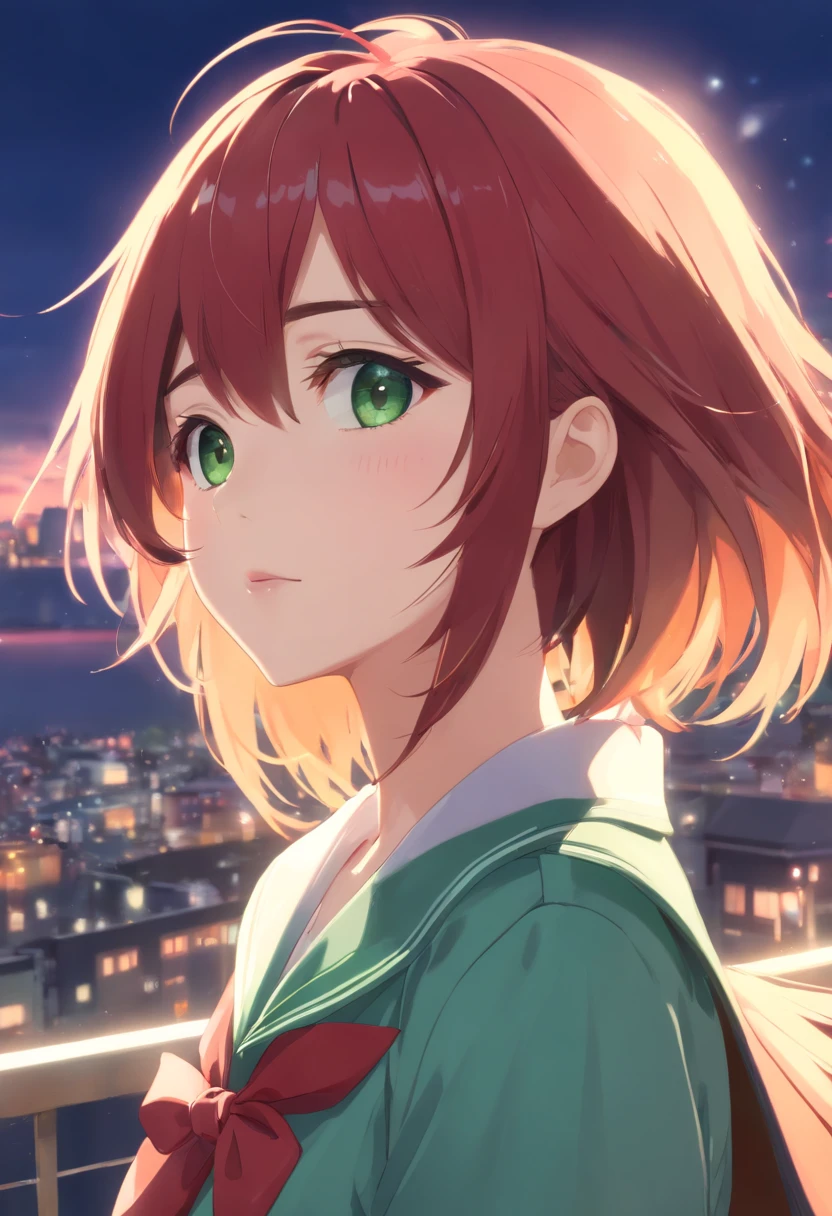 (masterpiece:1.3), (absurdres:1.3), (best quality:1.3), (ultra-detailed:1.3),(best shadow:0.7), (handled hair), (sharp eyeliner, eyeshadow, detailed eyes:1.1), perfect anatomy, BREAK, 1girl, solo, RED HAIR, hair between eyes, GREEN EYES, glowing eyes, sailor collar, school uniform, side ponytail, sidelocks,