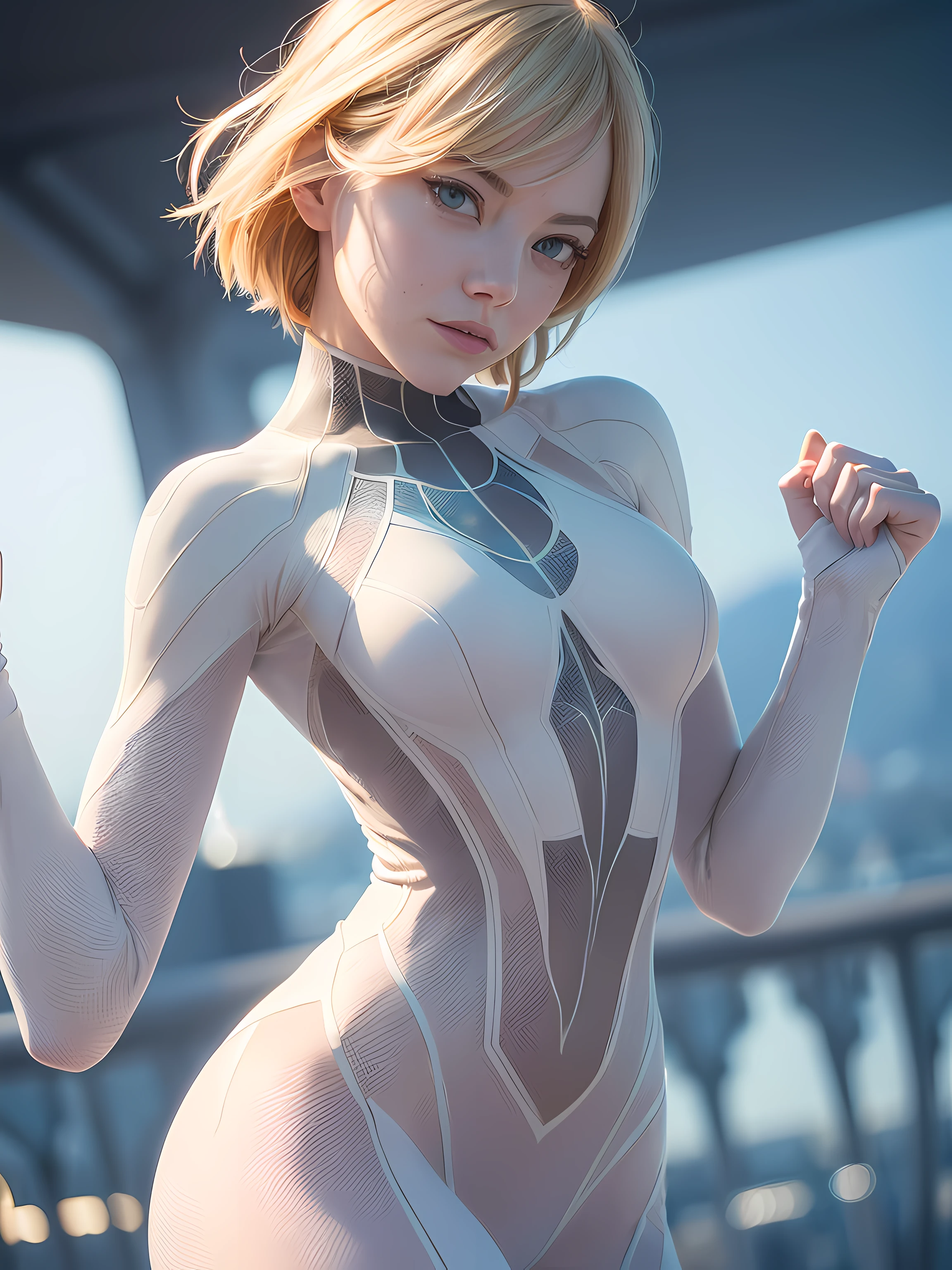 Emma Stone cosplaying as Spider Gwen, SpiderGirl white costume, medium breasts, sculptural body, full body, Emma Stone, real facial details, perfect, (ultra-realistic), {extremely detailed 8k CG unit wallpaper}, photography of expansive landscape, (a view from below that prioritizes the character and the entire details of the setting, (wide view of the open field), (low angle photo), (high light: 1.5), (low light: 1.2), (warm light source: 1.5), complex details, (iridescent colors: 1.2), (bright lighting), (atmospheric lighting), Emma Stone actress, Spidergwen