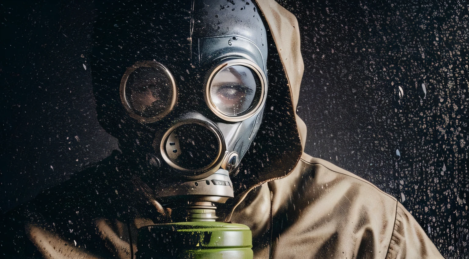 coloque essa imagem em 16:9. Man with gas mask. Toxic rain