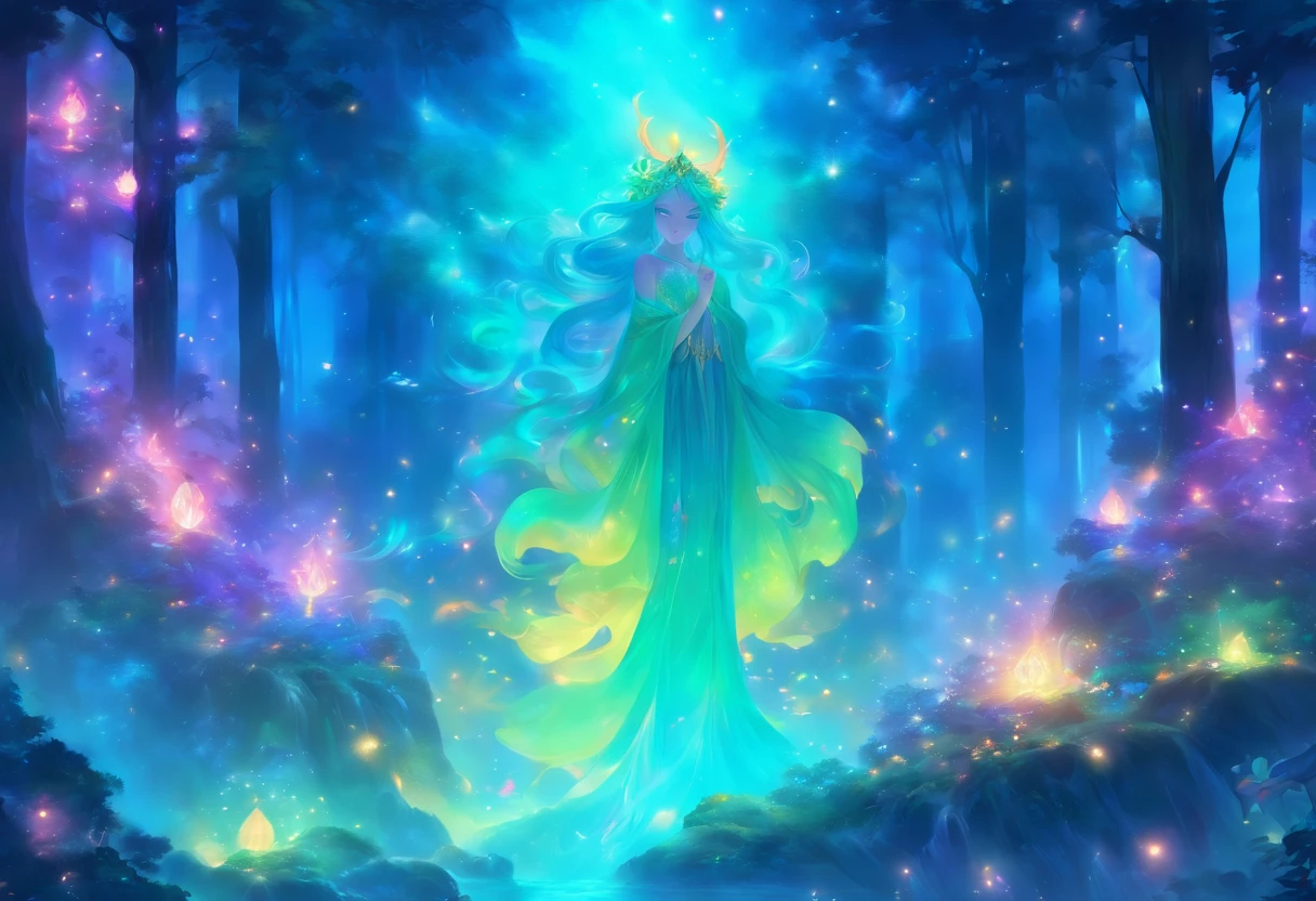 (best quality,highres,ultra-detailed),female with glowing teal eyes,rainbow colored hair,casting glowing spells,mystical forest,witch,goddess,medium:oil painting,beautiful detailed lips,dark and mysterious atmosphere,flowing gown,ethereal light,sorcery and magic,soothing calmness,inspiration from fantasy novels and mythology,enchanted creatures,peaceful and serene background,dream-like setting,vibrant colors and rich textures,creation surrounded by nature,whimsical and mystical elements,harmonious and enchanting ambiance,luminous glow of the spells,graceful and powerful posture,alluring and captivating aura,eyes shining with ancient wisdom,transformation and metamorphosis,unveiling the hidden mysteries of the forest,otherworldly energy and power,feminine strength and elegance,dark and vibrant color palette,soft and delicate brush strokes,exquisite attention to detail,revealing the power of nature and its delicate balance,awakening the mystical connection between humans and the natural world,bringing forth the hidden beauty and secrets of the forest,transcending reality and entering a realm of enchantment and wonder.