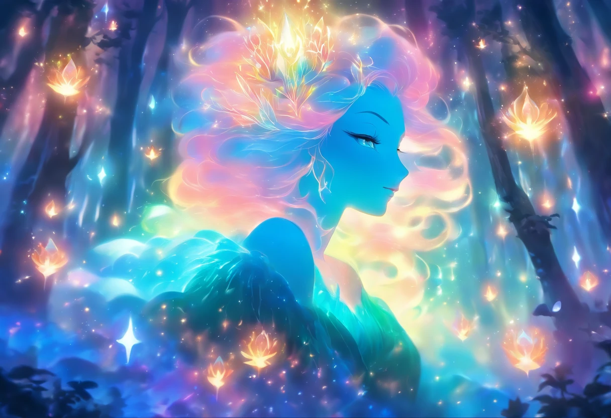(best quality,highres,ultra-detailed),female with glowing teal eyes,rainbow colored hair,casting glowing spells,mystical forest,witch,goddess,medium:oil painting,beautiful detailed lips,dark and mysterious atmosphere,flowing gown,ethereal light,sorcery and magic,soothing calmness,inspiration from fantasy novels and mythology,enchanted creatures,peaceful and serene background,dream-like setting,vibrant colors and rich textures,creation surrounded by nature,whimsical and mystical elements,harmonious and enchanting ambiance,luminous glow of the spells,graceful and powerful posture,alluring and captivating aura,eyes shining with ancient wisdom,transformation and metamorphosis,unveiling the hidden mysteries of the forest,otherworldly energy and power,feminine strength and elegance,dark and vibrant color palette,soft and delicate brush strokes,exquisite attention to detail,revealing the power of nature and its delicate balance,awakening the mystical connection between humans and the natural world,bringing forth the hidden beauty and secrets of the forest,transcending reality and entering a realm of enchantment and wonder.