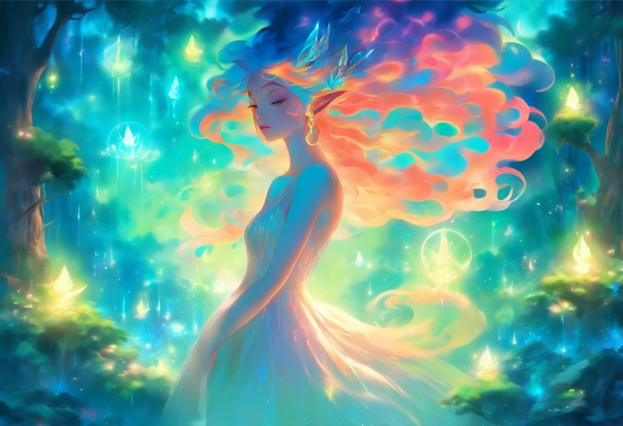 (best quality,highres,ultra-detailed),female with glowing teal eyes,rainbow colored hair,casting glowing spells,mystical forest,witch,goddess,medium:oil painting,beautiful detailed lips,dark and mysterious atmosphere,flowing gown,ethereal light,sorcery and magic,soothing calmness,inspiration from fantasy novels and mythology,enchanted creatures,peaceful and serene background,dream-like setting,vibrant colors and rich textures,creation surrounded by nature,whimsical and mystical elements,harmonious and enchanting ambiance,luminous glow of the spells,graceful and powerful posture,alluring and captivating aura,eyes shining with ancient wisdom,transformation and metamorphosis,unveiling the hidden mysteries of the forest,otherworldly energy and power,feminine strength and elegance,dark and vibrant color palette,soft and delicate brush strokes,exquisite attention to detail,revealing the power of nature and its delicate balance,awakening the mystical connection between humans and the natural world,bringing forth the hidden beauty and secrets of the forest,transcending reality and entering a realm of enchantment and wonder.