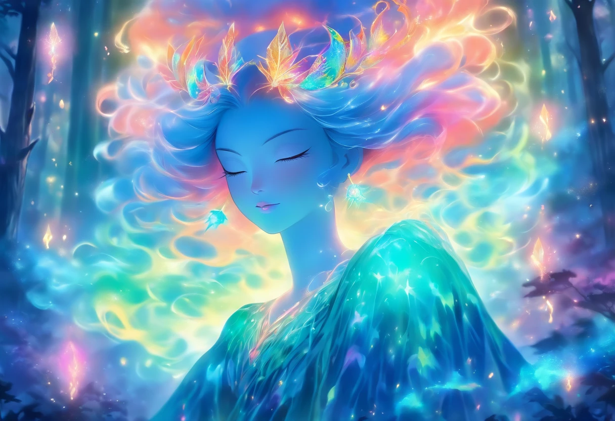 (best quality,highres,ultra-detailed),female with glowing teal eyes,rainbow colored hair,casting glowing spells,mystical forest,witch,goddess,medium:oil painting,beautiful detailed lips,dark and mysterious atmosphere,flowing gown,ethereal light,sorcery and magic,soothing calmness,inspiration from fantasy novels and mythology,enchanted creatures,peaceful and serene background,dream-like setting,vibrant colors and rich textures,creation surrounded by nature,whimsical and mystical elements,harmonious and enchanting ambiance,luminous glow of the spells,graceful and powerful posture,alluring and captivating aura,eyes shining with ancient wisdom,transformation and metamorphosis,unveiling the hidden mysteries of the forest,otherworldly energy and power,feminine strength and elegance,dark and vibrant color palette,soft and delicate brush strokes,exquisite attention to detail,revealing the power of nature and its delicate balance,awakening the mystical connection between humans and the natural world,bringing forth the hidden beauty and secrets of the forest,transcending reality and entering a realm of enchantment and wonder.