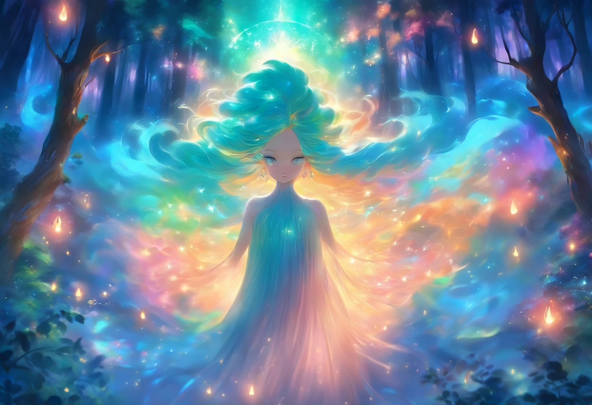 (best quality,highres,ultra-detailed),female with glowing teal eyes,rainbow colored hair,casting glowing spells,mystical forest,witch,goddess,medium:oil painting,beautiful detailed lips,dark and mysterious atmosphere,flowing gown,ethereal light,sorcery and magic,soothing calmness,inspiration from fantasy novels and mythology,enchanted creatures,peaceful and serene background,dream-like setting,vibrant colors and rich textures,creation surrounded by nature,whimsical and mystical elements,harmonious and enchanting ambiance,luminous glow of the spells,graceful and powerful posture,alluring and captivating aura,eyes shining with ancient wisdom,transformation and metamorphosis,unveiling the hidden mysteries of the forest,otherworldly energy and power,feminine strength and elegance,dark and vibrant color palette,soft and delicate brush strokes,exquisite attention to detail,revealing the power of nature and its delicate balance,awakening the mystical connection between humans and the natural world,bringing forth the hidden beauty and secrets of the forest,transcending reality and entering a realm of enchantment and wonder.