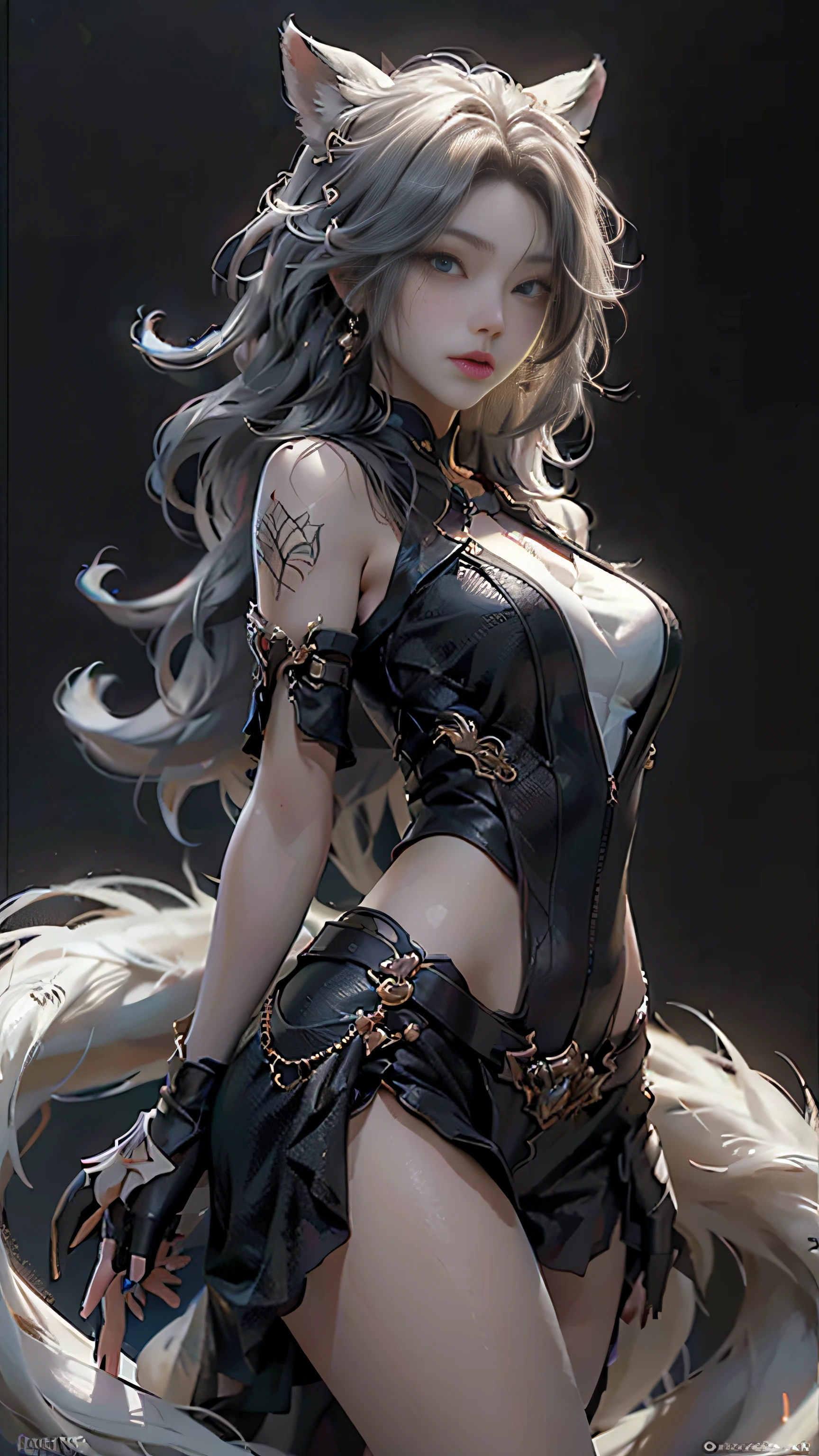 (Best Quality), ((masutepiece)), (detail: 1.4), 。.3D, Nine-Tailed Fox, Delicate fox ears, nffsw (High dynamic range), Ray tracing, NVIDIA RTX, Hyper-Resolution, Unreal 5, Subsurface scattering, PBR Texture, Post-processing, Anisotropy Filtering, depth of fields, Maximum clarity and clarity, The characters' outfits and facial expressions are all very detailed and、Shows a detailed depiction. The expression is very feminine、a person々Gives a breathtaking sensation to. Multilayer Texture, Albedo and specular mapping, Surface Shading, Accurate simulation of light-material interactions, Perfect proportions, Octane Render, Two-color light, Large aperture, Low ISO, White Balance, thirds rule, 8K Raw,