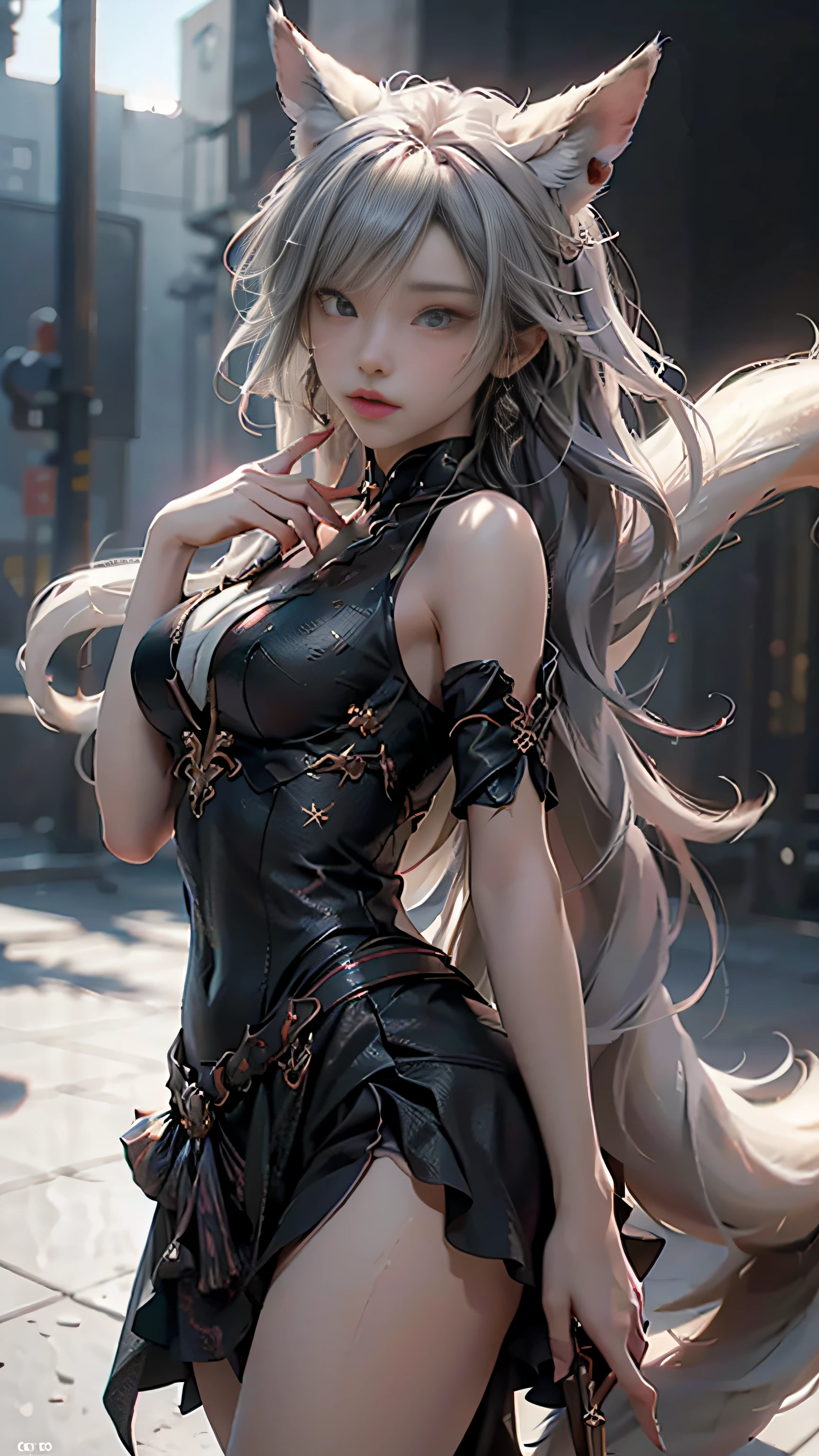 (Best Quality), ((masutepiece)), (detail: 1.4), 。.3D, Nine-Tailed Fox, Delicate fox ears, nffsw (High dynamic range), Ray tracing, NVIDIA RTX, Hyper-Resolution, Unreal 5, Subsurface scattering, PBR Texture, Post-processing, Anisotropy Filtering, depth of fields, Maximum clarity and clarity, The characters' outfits and facial expressions are all very detailed and、Shows a detailed depiction. The expression is very feminine、a person々Gives a breathtaking sensation to. Multilayer Texture, Albedo and specular mapping, Surface Shading, Accurate simulation of light-material interactions, Perfect proportions, Octane Render, Two-color light, Large aperture, Low ISO, White Balance, thirds rule, 8K Raw,