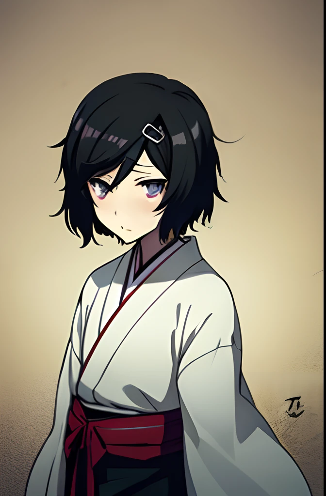 1boy, :o, black_hair, blush, commentary_request, gohei, hair_ornament, hairclip, haraegushi, japanese_clothes, male_focus, miko, oonusa, open_mouth, otoko_no_ko, photoshop_(medium), purple_eyes, short_hair, signature, simple_background, solo, steins;gate, tears, tel-o, urushibara_ruka