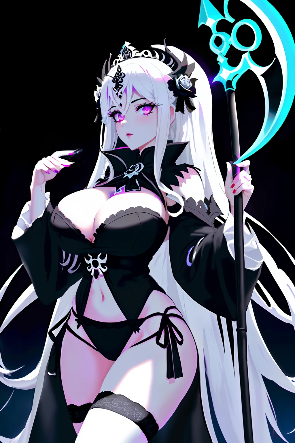 ((Hermosa diosa de la muerte))(Ella tiene grandes ojos amarillos brillantes)(white pale skin)(labios rojos) (cabello platino lacio muy largo)((pechos muy grandes)) (Cuerpo delgado perfecto) (Ella lleva, capucha negra, Sexy black robe and black long stockings)(Hold in your hand a giant scythe adorned with bones)(She is inside a dark and sticky temple.) (a high definition, Dynamic volumetric lights and shadows)((Obra maestra))(8k)(Cara perfecta)(Ultra detalles) (Manos perfectas, ojos, y cara)