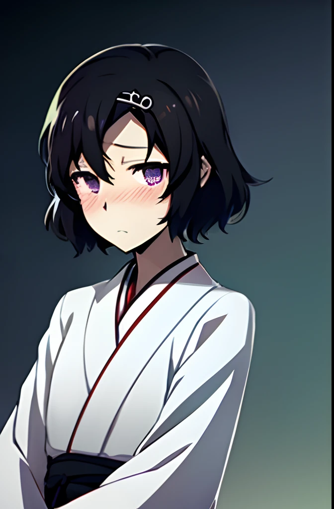 1boy, :o, black_hair, blush, commentary_request, gohei, hair_ornament, hairclip, haraegushi, japanese_clothes, male_focus, miko, oonusa, open_mouth, otoko_no_ko, photoshop_(medium), purple_eyes, short_hair, signature, simple_background, solo, steins;gate, tears, tel-o, urushibara_ruka