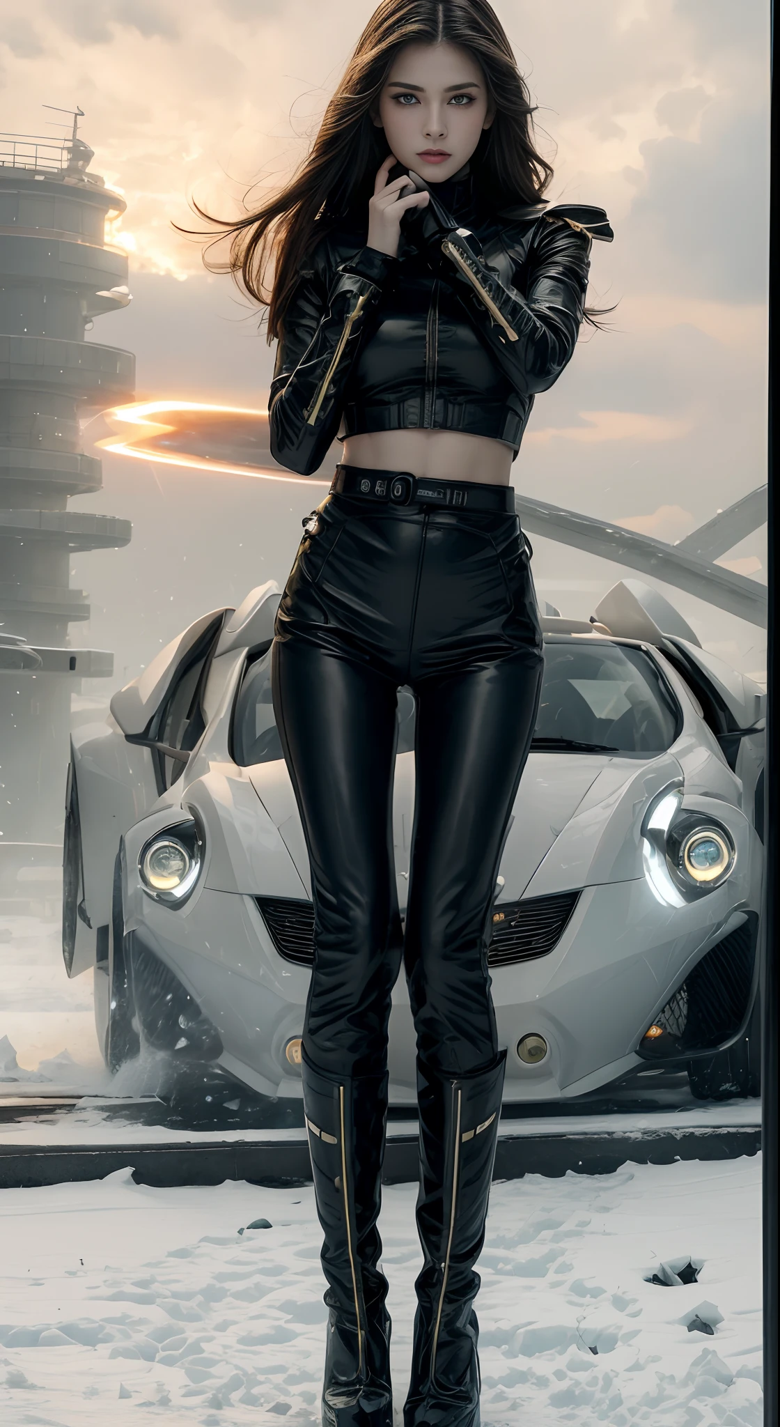 realistic visual effects,attractive beautiful,dramatic contrast,Gentle lighting,Delicate warmth,the soft light,hyper HD,Extremely colorful,best qualityer,Snow-whiteskin,8K high quality,Sexy goddess,A pair of big eyes are beautiful and moving,White skin,Makeup,Sexy outfit,Armed with futuristic modern weapons,gold;jewely;Blue Electric,【Background with】Large gears,Large gears,Doomsday ruins,Giant tornado,Strange sky,Lightning Thunder,The setting sun burns the dark clouds,Multiple planets,The end of the world,Multiple planets,Mards,Jupiter,Mercury,Strange sky,Giant Tornado ultra-futuristic car,Cool headlights。