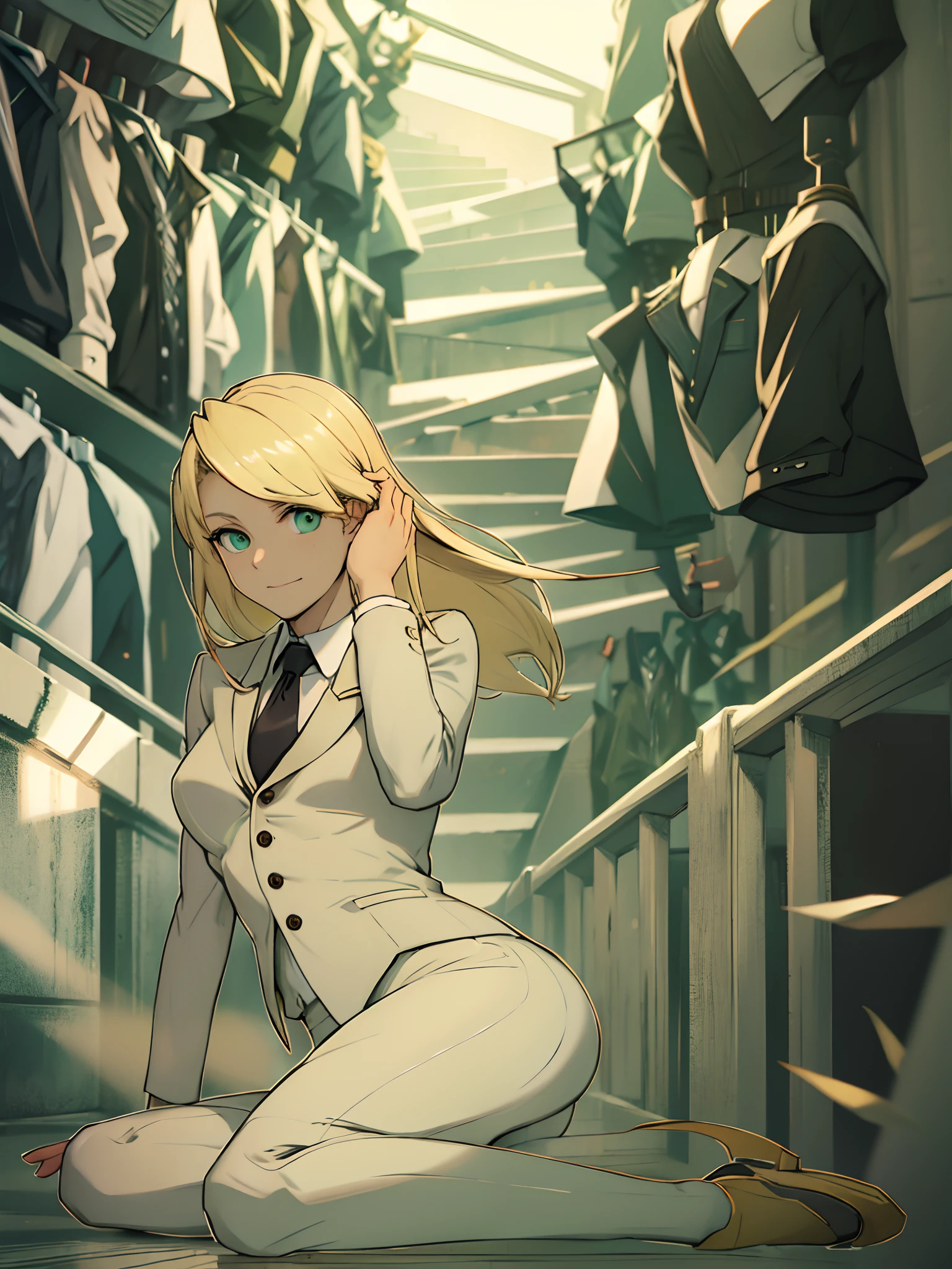 hightquality、a blond、black suits、Green eyes