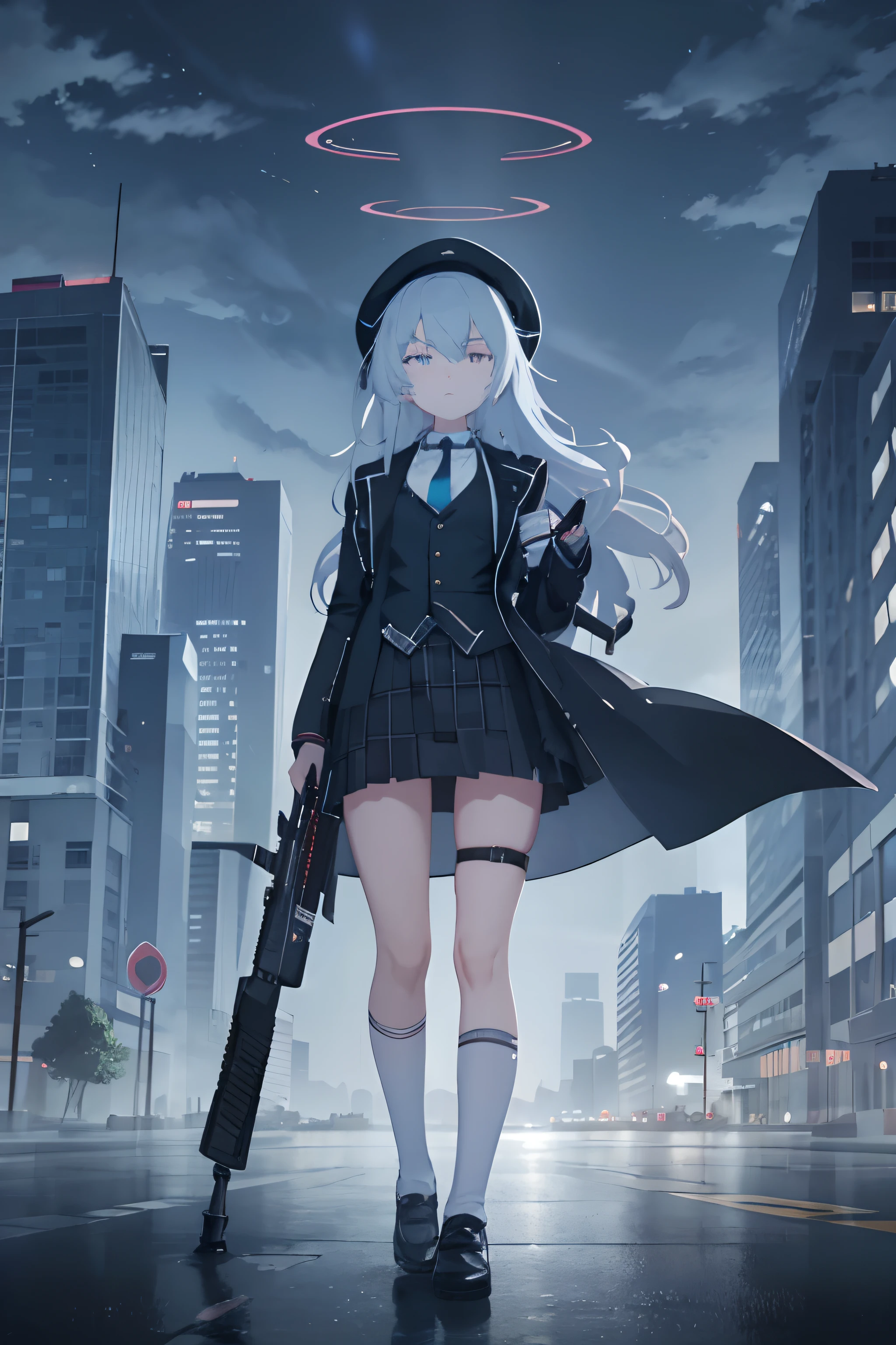 1girl, white messenger hat with black stripe, white captain hat, pastel blue hair, light hair, messy hair, messy long hair, white coat, black armband, council armband, white uniform with light blue vest, light blue vest, open coat, black uniform collar, black collar, black tie, id strap, Individual Development strap, black medium skirt, black plaid skirt, white small socks, black rubber shoes, extremely aware, nervous, holding M4A1, holding radar tablet, looking, transit station, dark rainy day, serious eyes, cat eyes, black halo with blue stripe, blue vest, serious, sharp eyes, unsatisfied, holding Assault Rifle, city skylines, Assault Rifle with a Snowstorm Texture, tall girl, transit, train station, large blade, sword, very comically large gun, black tie, black shirt collar, Assault Rifle with a Scope and a Stock, black necktie. aiming, extremely large gun, serious, dark rainy day, a dark day, rain, guns collide, diamond katana emitting an aura, holding gun and katana, stancing, crouching, aiming