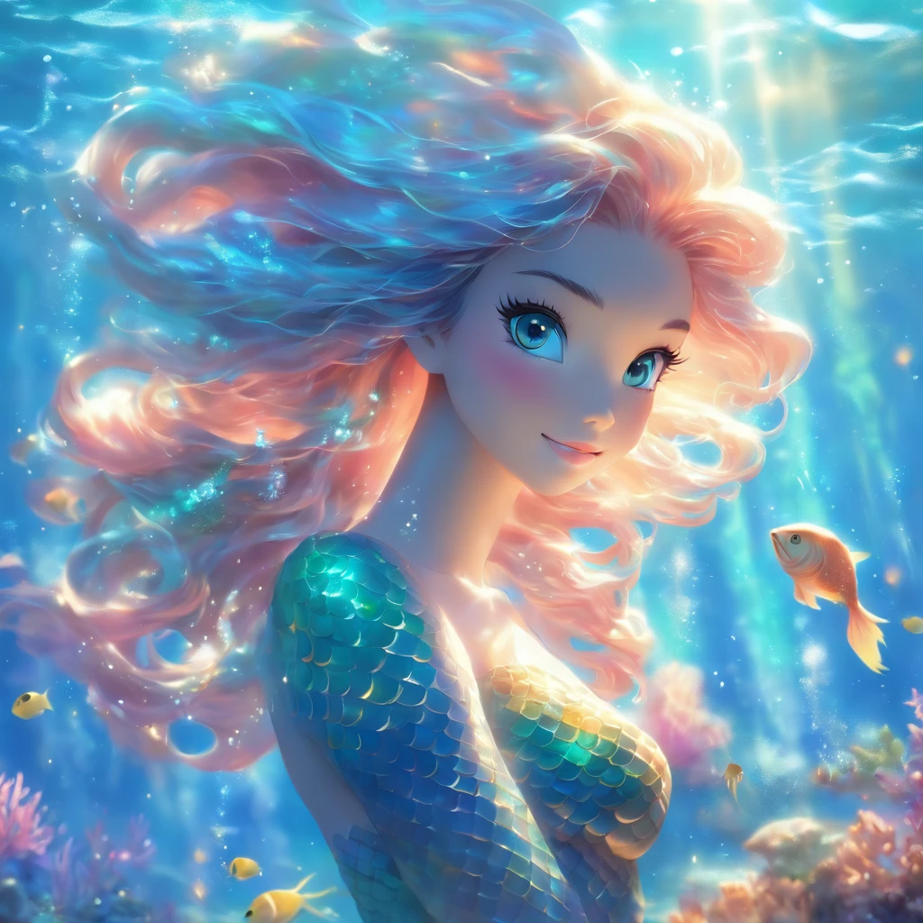 (goddess of the ocean,mermaid,multi-colored long hair,mystical),(best quality,4k,8k,highres,masterpiece:1.2),ultra-detailed,(realistic,photorealistic,photo-realistic:1.37),aquatic,serene,ethereal,underwater beauty,serenity of the sea,reflections in water,sparkling sunlight,dancing waves,scales gleaming in the sunlight,seashells and pearls,flowing vibrant tail,graceful and enchanting,seamless transition between land and sea,wisps of seaweed,coral reefs and colorful fish,tranquil blue hues,gentle waves caressing her,breathtaking oceanic kingdom,sirens' sweet melodies,hidden treasures deep within the sea,temples of the sea gods,alluring eyes,humans and sea creatures living harmoniously,floating amidst the currents of the ocean,celestial aura,mythical creatures rising from the depths,tranquility of the underwater world,aureate rays of sunlight piercing the surface,mermaid royalty,serene expression,mesmerizing beauty,heavenly creatures emerging from the water,deep ocean mysteries.