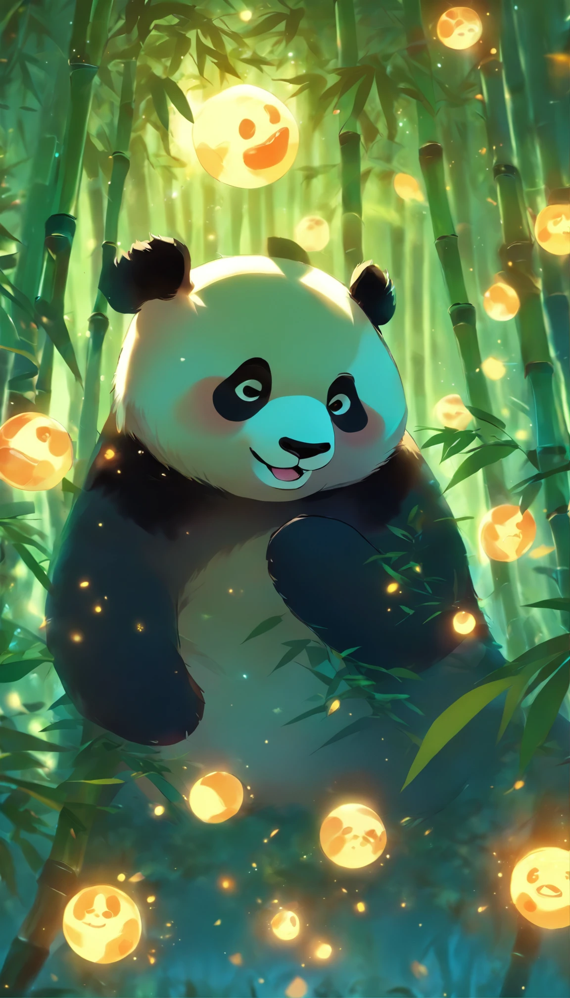 Silent night, Quiet bamboo forest, Bamboo leaves fall in the wind,Cute and cute giant panda，Fatty， Full moon in the sky, fireflies flying