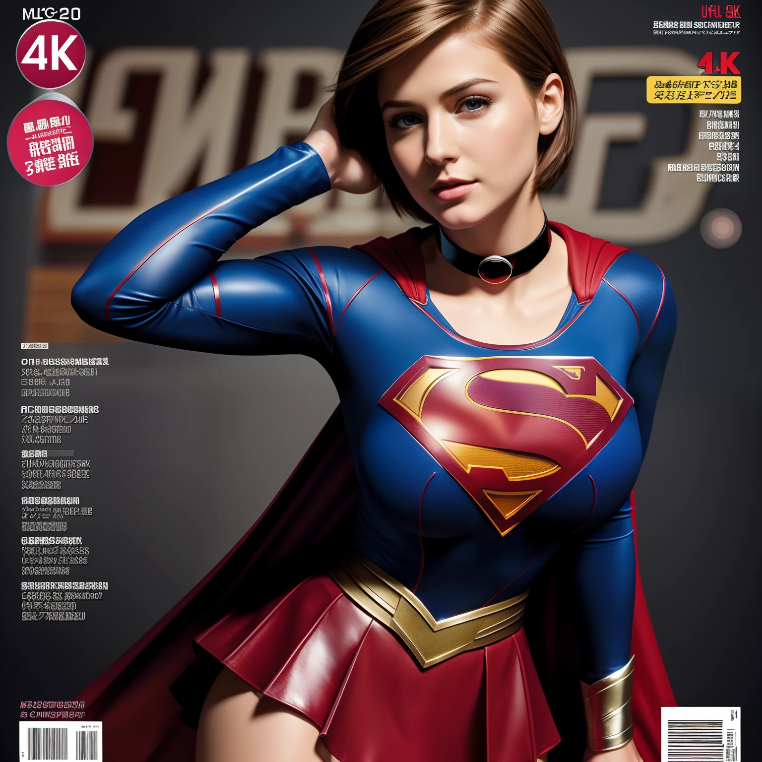 high quality, 4k, 8k, high resolution, masterpiece:1.2, ultra-detailed, realistic:1.37, super masterpiece, short-haired supergirl, big breasts, camera gaze, glossy costume, choker, extremely short miniskirt, magazine cover, cute gestures