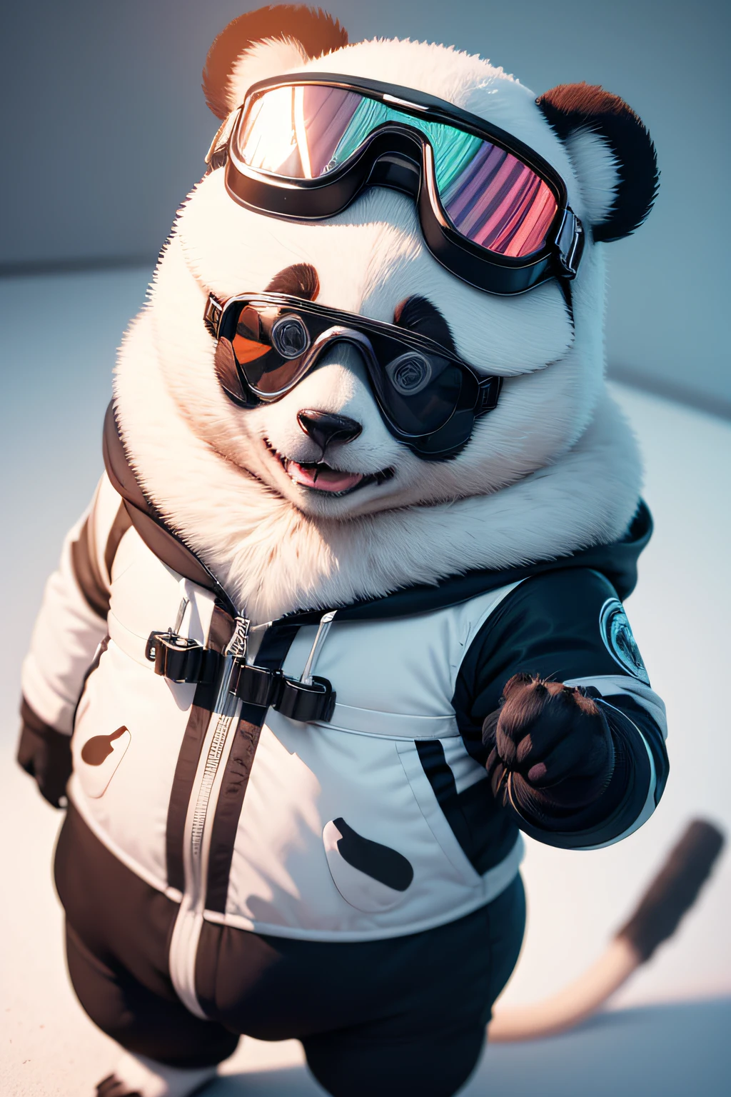 Perfect centralization, Para panda, Use uma jaqueta no animal, wearing goggles, alegria, Standing position, Centrado, looking at the camera, Facing the camera, Dynamic, altamente detalhado, liso, foco nítido, 8k, high-definition resolution, fundo branco