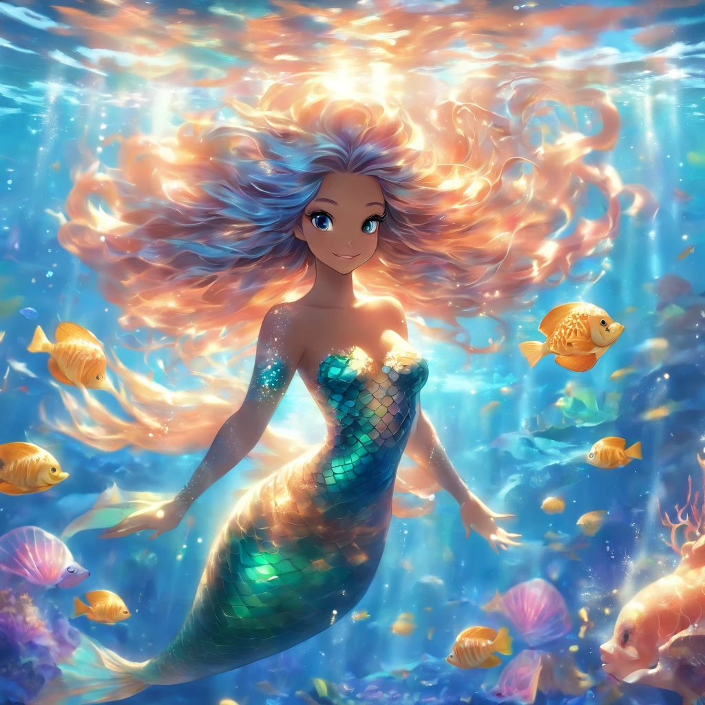 (goddess of the ocean,mermaid,multi-colored long hair,mystical),(best quality,4k,8k,highres,masterpiece:1.2),ultra-detailed,(realistic,photorealistic,photo-realistic:1.37),aquatic,serene,ethereal,underwater beauty,serenity of the sea,reflections in water,sparkling sunlight,dancing waves,scales gleaming in the sunlight,seashells and pearls,flowing vibrant tail,graceful and enchanting,seamless transition between land and sea,wisps of seaweed,coral reefs and colorful fish,tranquil blue hues,gentle waves caressing her,breathtaking oceanic kingdom,sirens' sweet melodies,hidden treasures deep within the sea,temples of the sea gods,alluring eyes,humans and sea creatures living harmoniously,floating amidst the currents of the ocean,celestial aura,mythical creatures rising from the depths,tranquility of the underwater world,aureate rays of sunlight piercing the surface,mermaid royalty,serene expression,mesmerizing beauty,heavenly creatures emerging from the water,deep ocean mysteries.