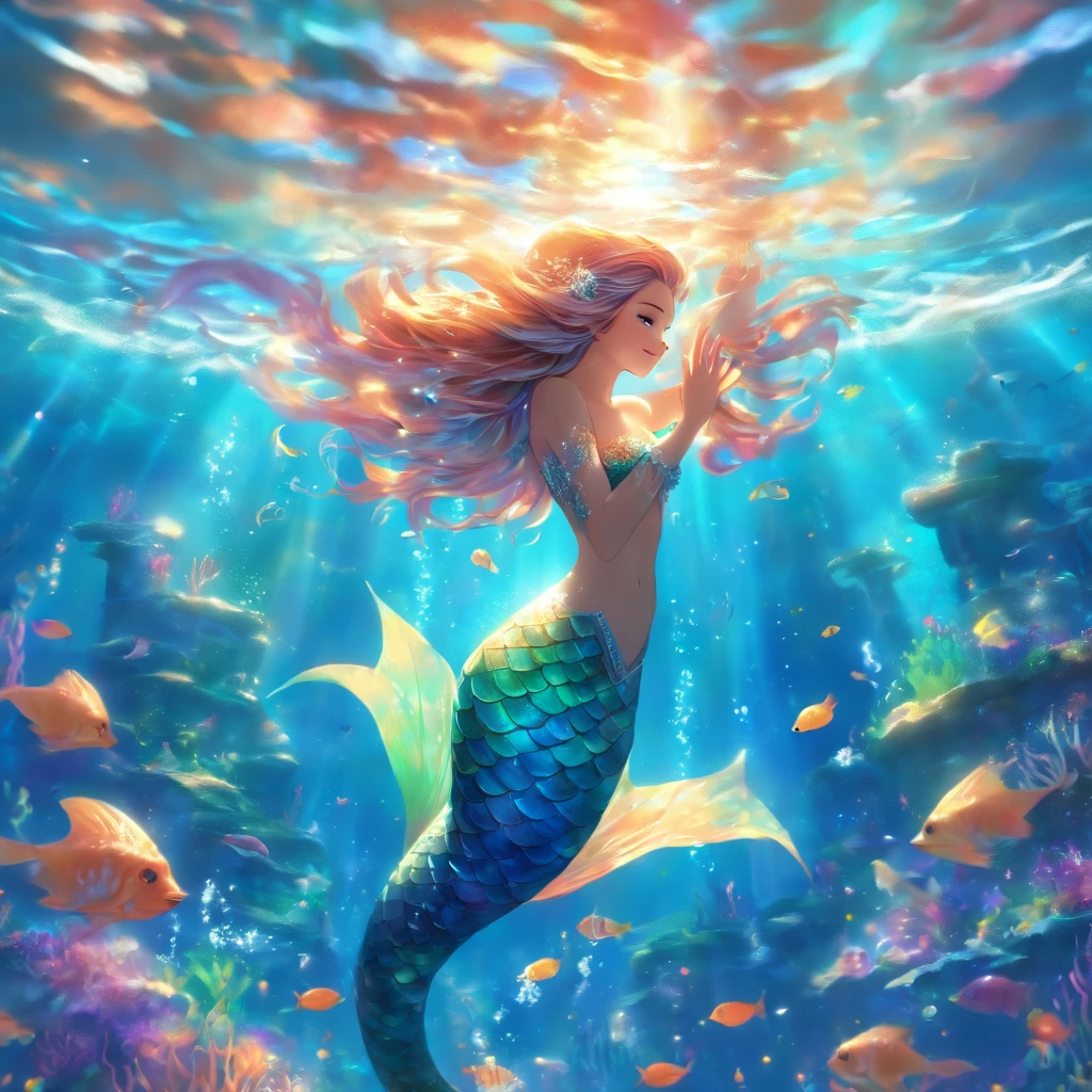 (goddess of the ocean,mermaid,multi-colored long hair,mystical),(best quality,4k,8k,highres,masterpiece:1.2),ultra-detailed,(realistic,photorealistic,photo-realistic:1.37),aquatic,serene,ethereal,underwater beauty,serenity of the sea,reflections in water,sparkling sunlight,dancing waves,scales gleaming in the sunlight,seashells and pearls,flowing vibrant tail,graceful and enchanting,seamless transition between land and sea,wisps of seaweed,coral reefs and colorful fish,tranquil blue hues,gentle waves caressing her,breathtaking oceanic kingdom,sirens' sweet melodies,hidden treasures deep within the sea,temples of the sea gods,alluring eyes,humans and sea creatures living harmoniously,floating amidst the currents of the ocean,celestial aura,mythical creatures rising from the depths,tranquility of the underwater world,aureate rays of sunlight piercing the surface,mermaid royalty,serene expression,mesmerizing beauty,heavenly creatures emerging from the water,deep ocean mysteries.
